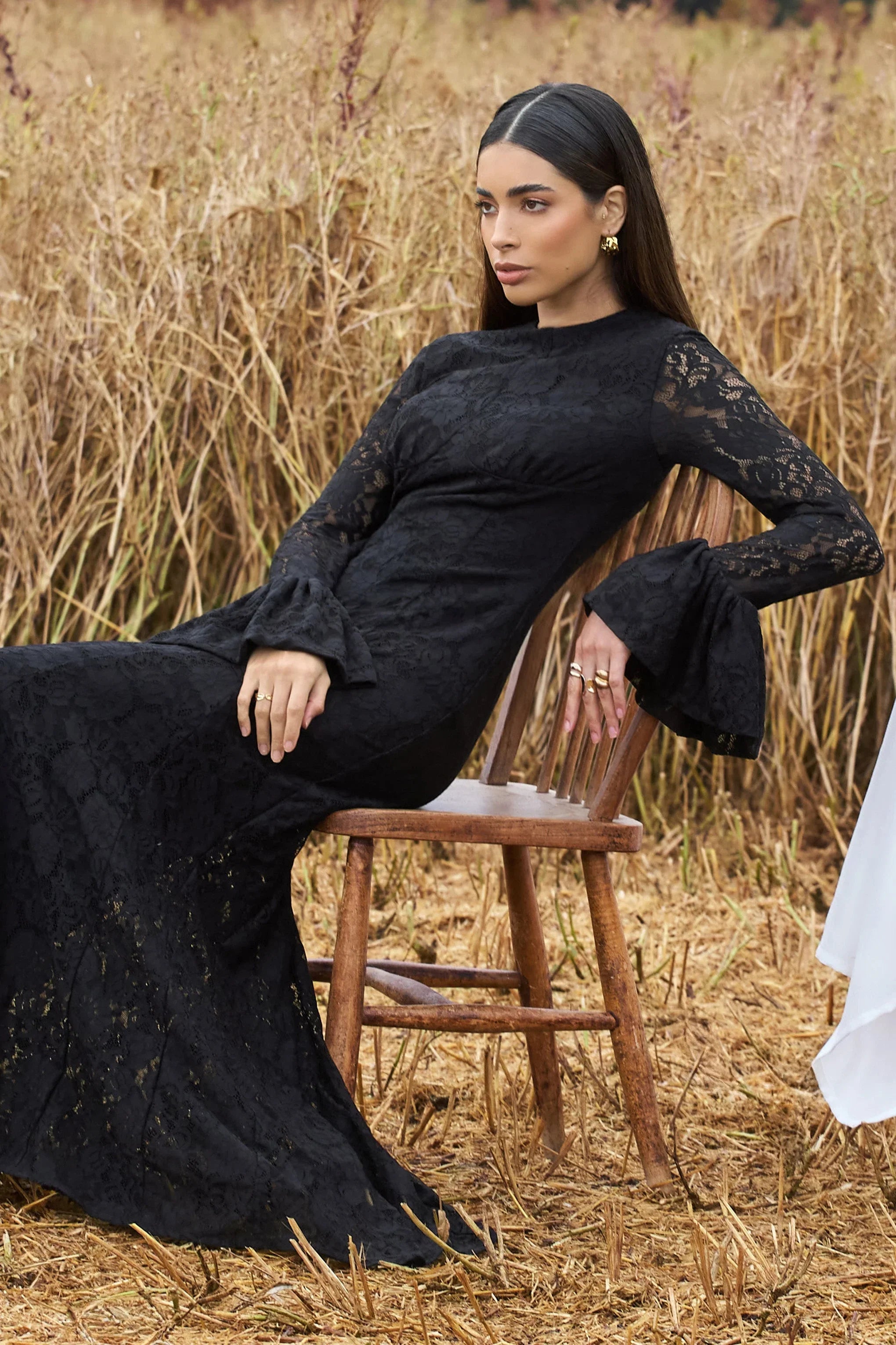 For Life Black Lace Long Sleeve Midi Dress