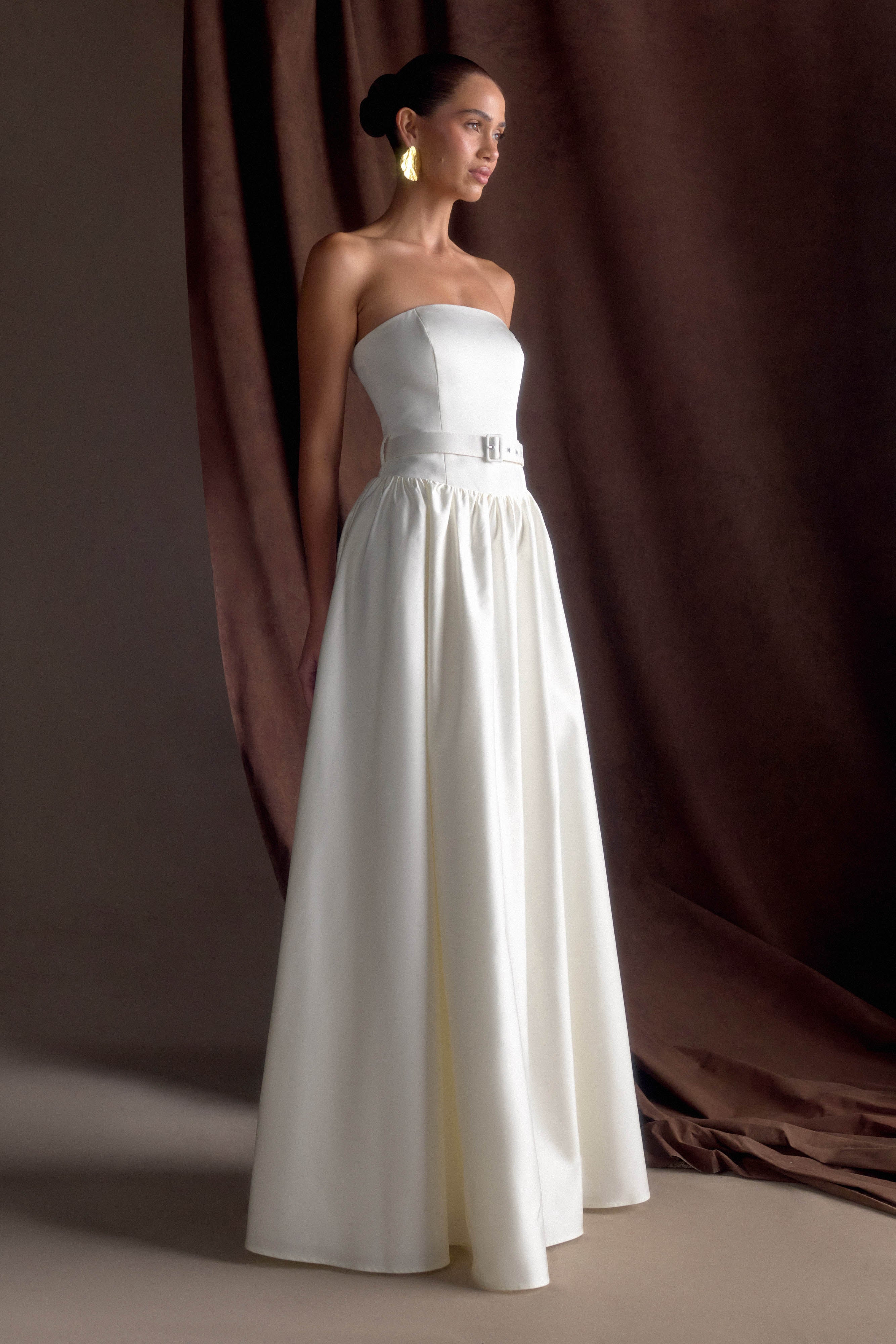 Florence Strapless Belted Maxi Dress White