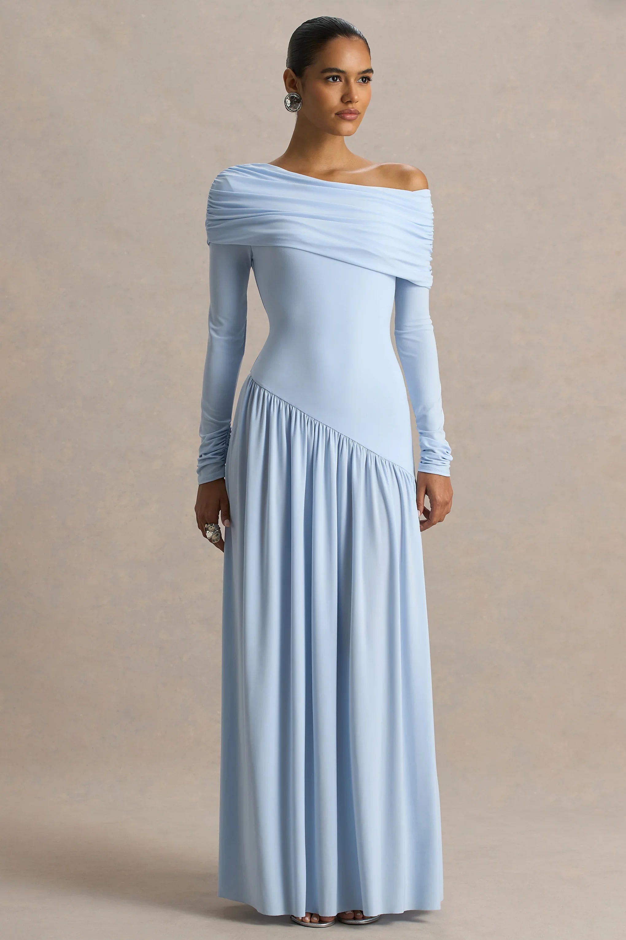 Farah Powder Blue Asymmetric Neck Maxi Dress With Drop Waist And Ruched Detailing