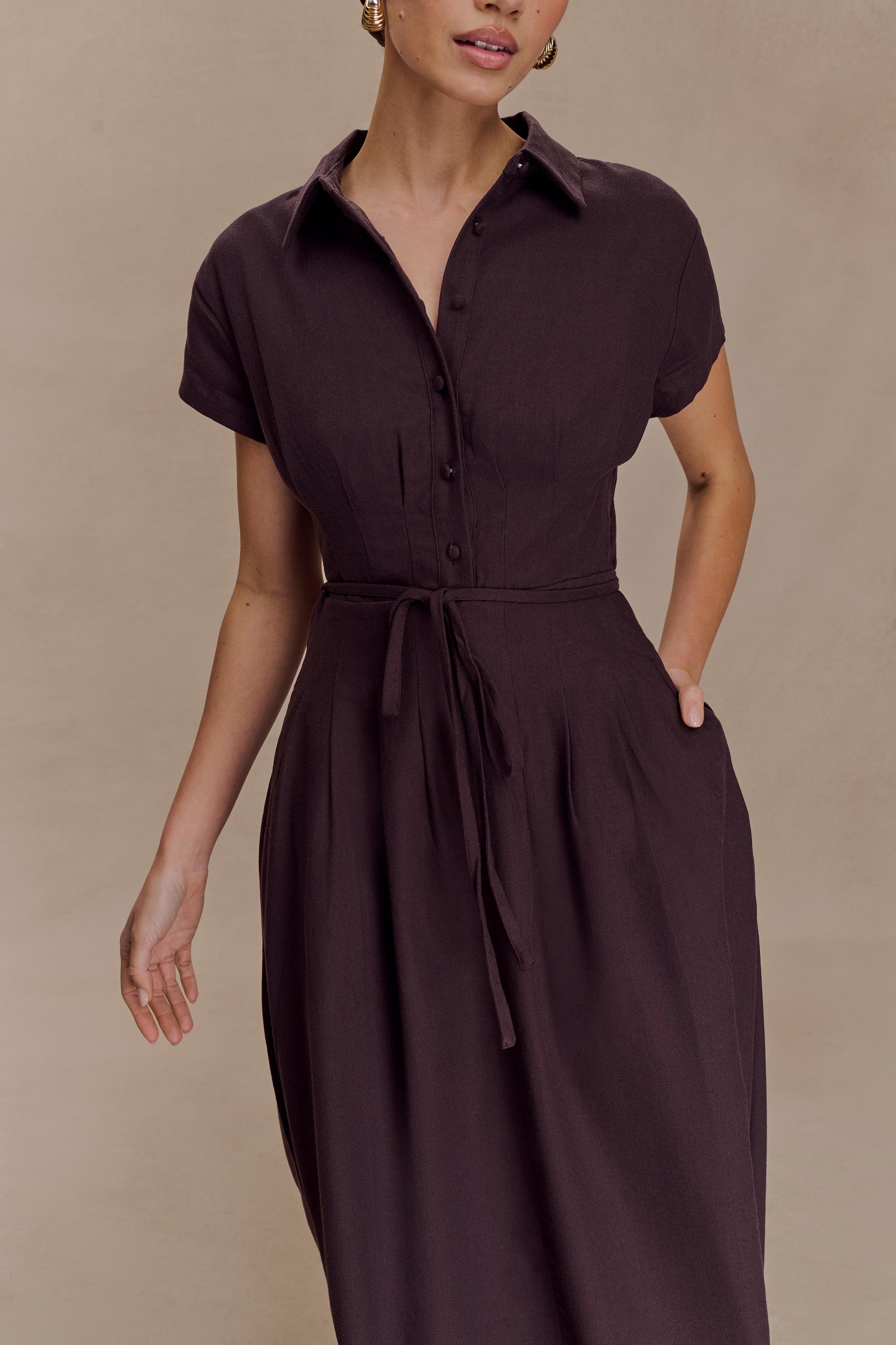 Aysha Buttoned Linen Midi Dress Chocolate