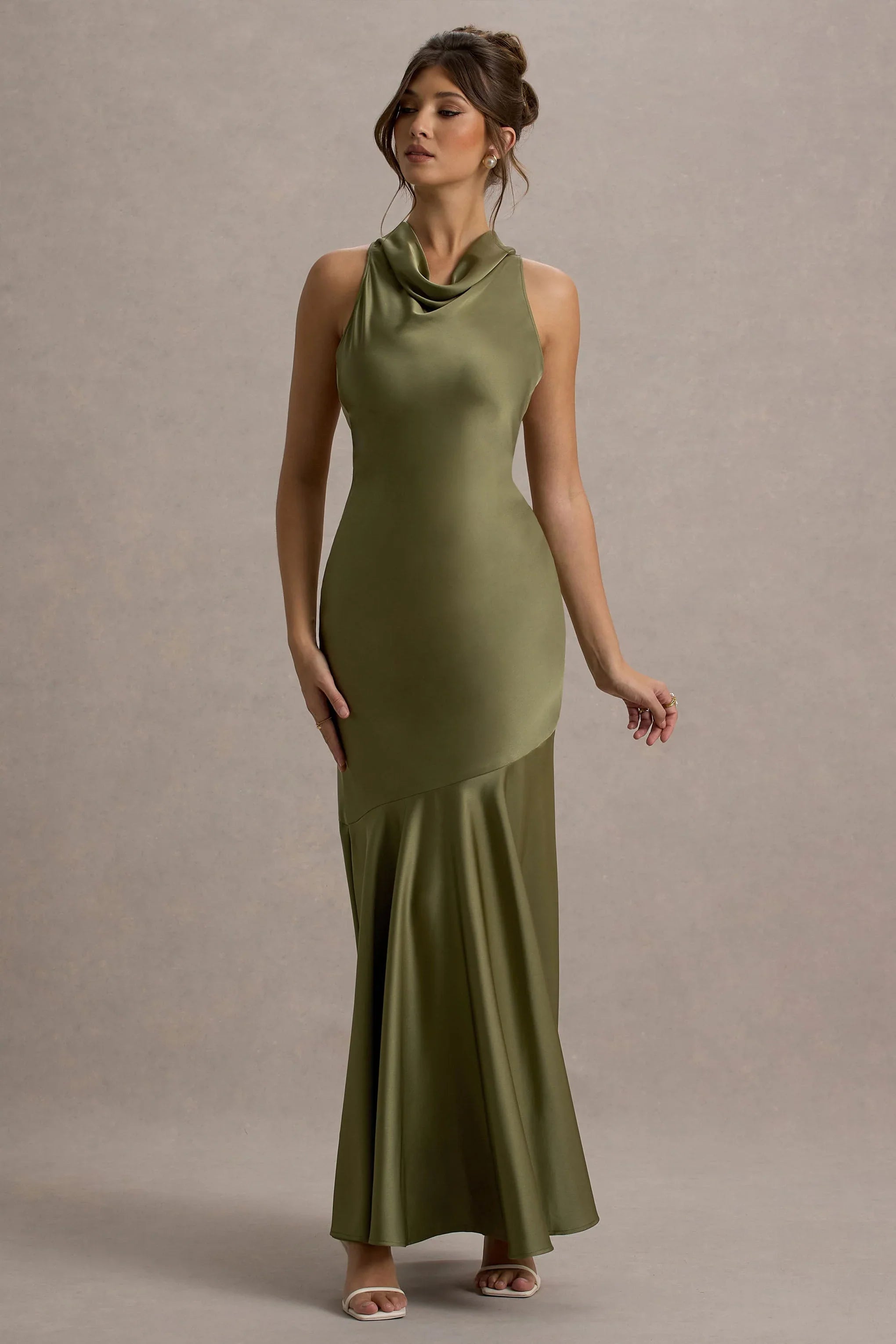 Amelita Khaki Satin Cowl Neck Maxi Dress