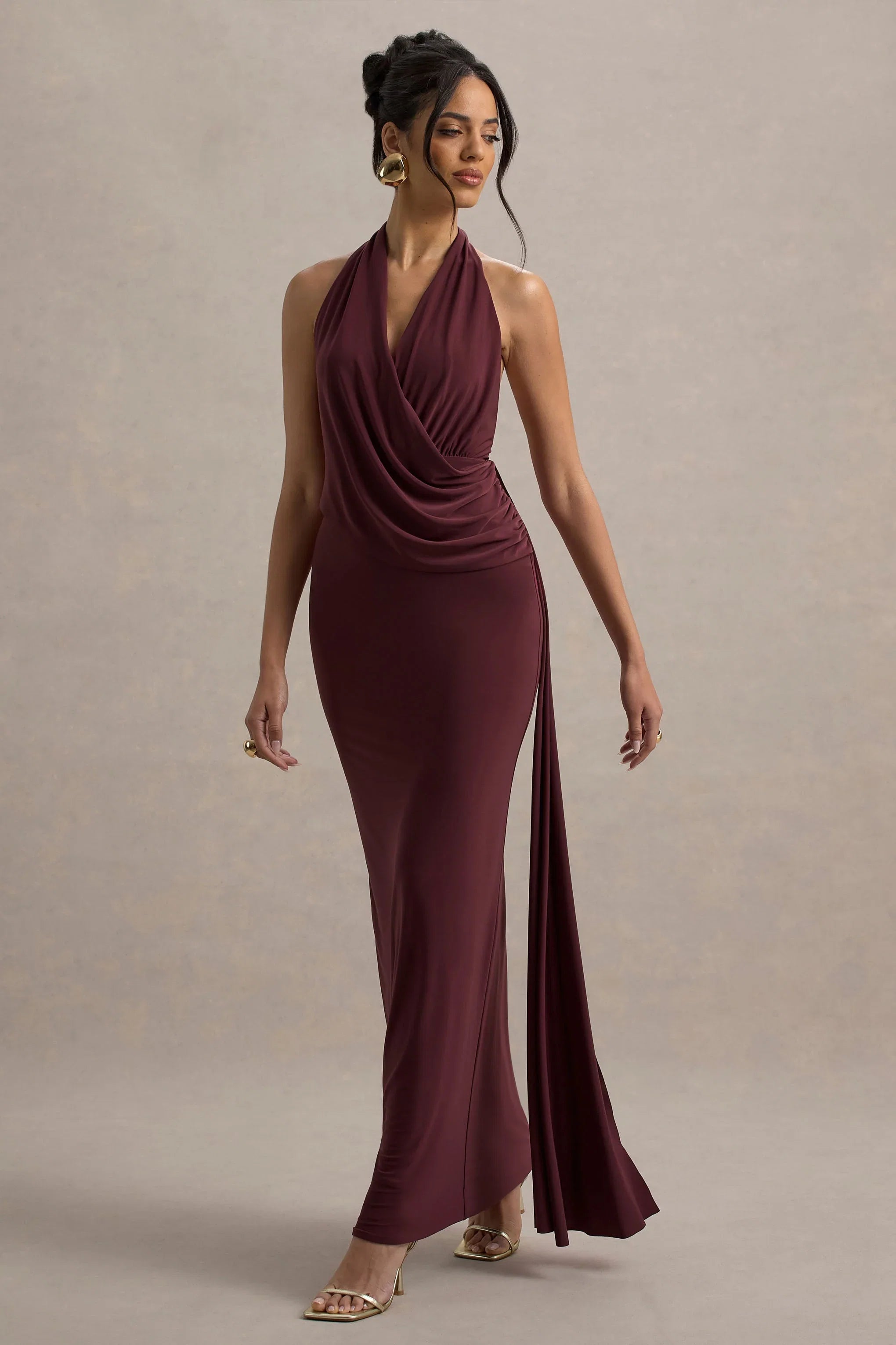 Rosina Burgundy Halter Neck Draped Maxi Dress With Sash
