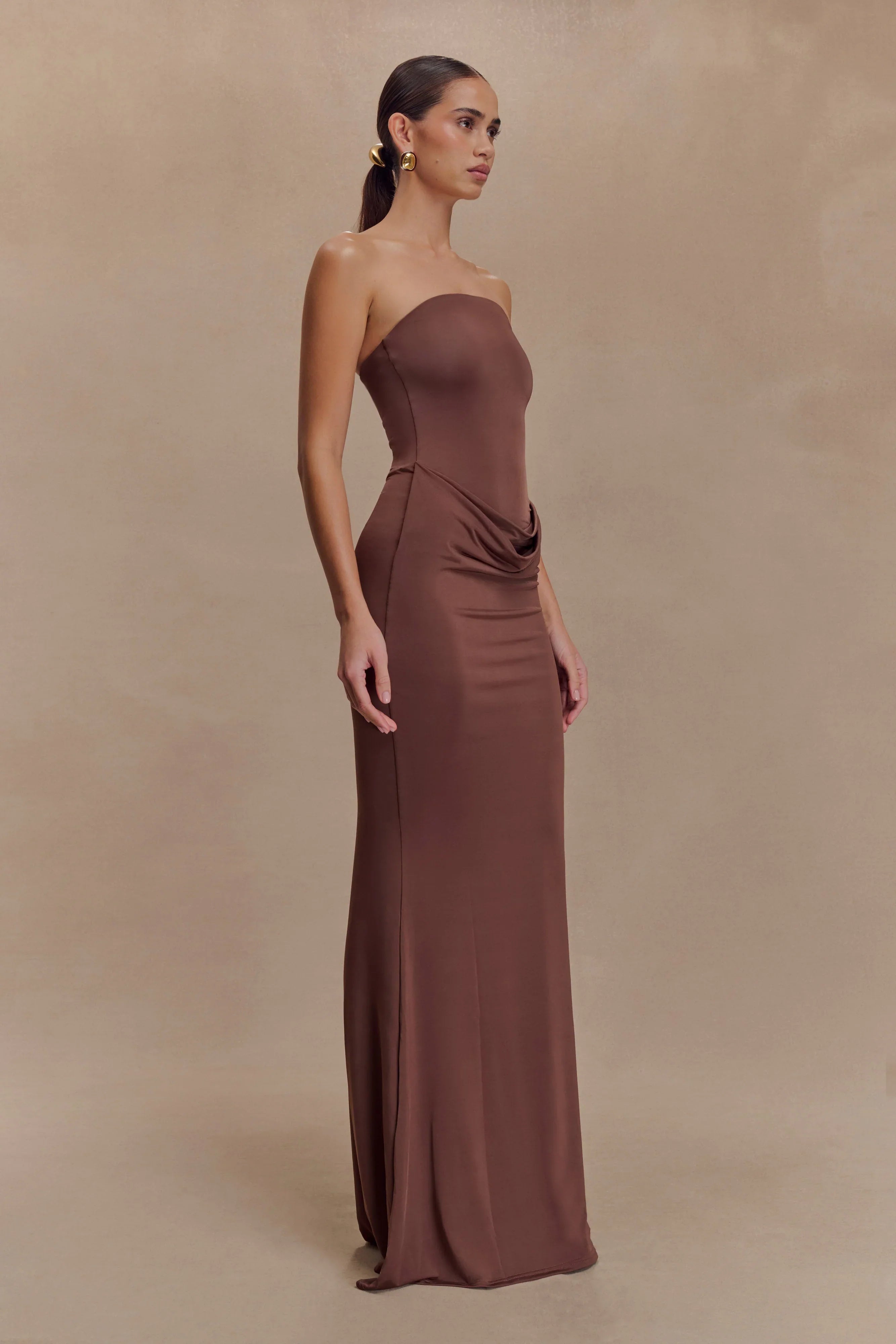 Madison Strapless Slinky Maxi Dress Chocolate
