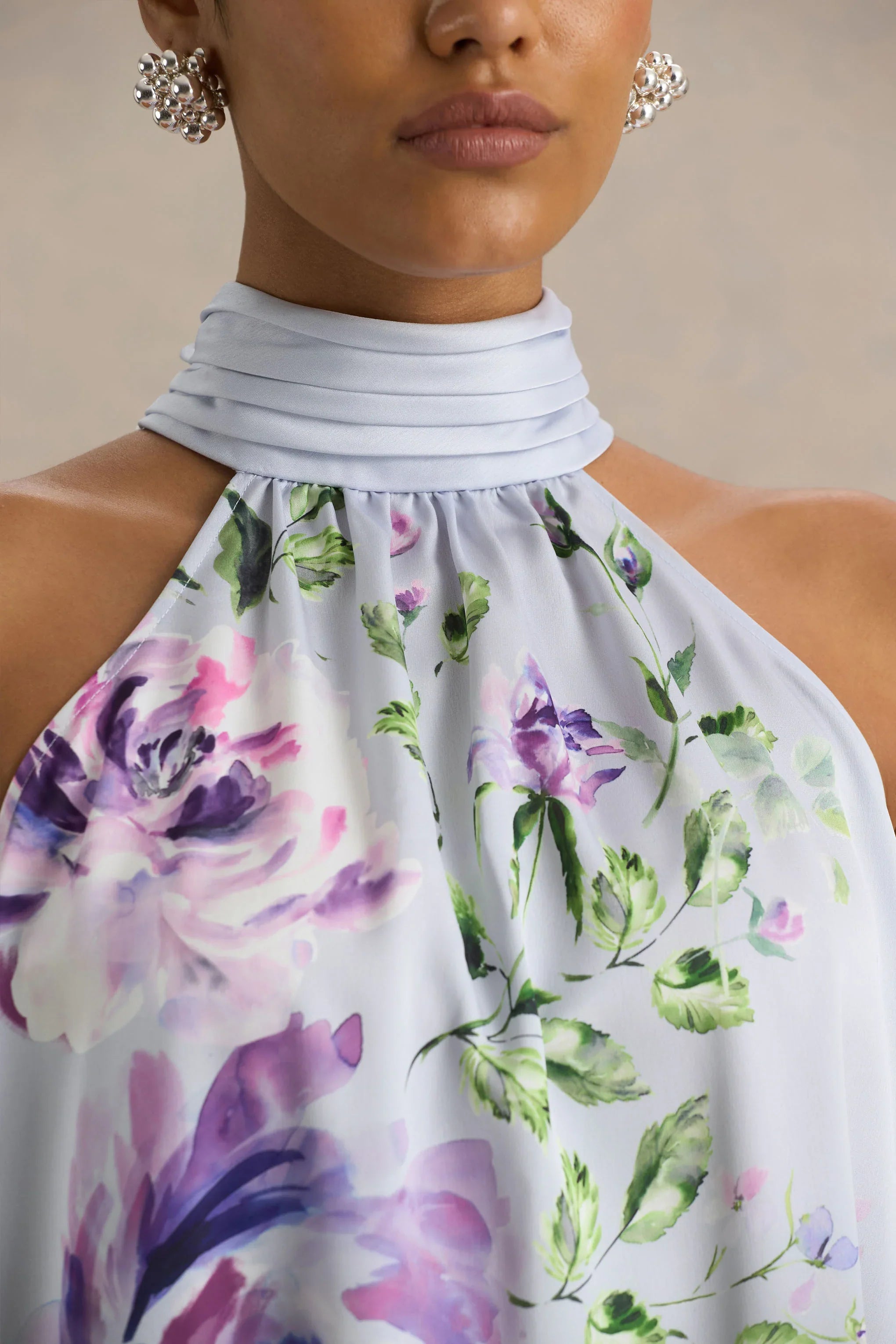 Evita Powder Blue Rose Print High Neck A Line Mini Dress With Bow