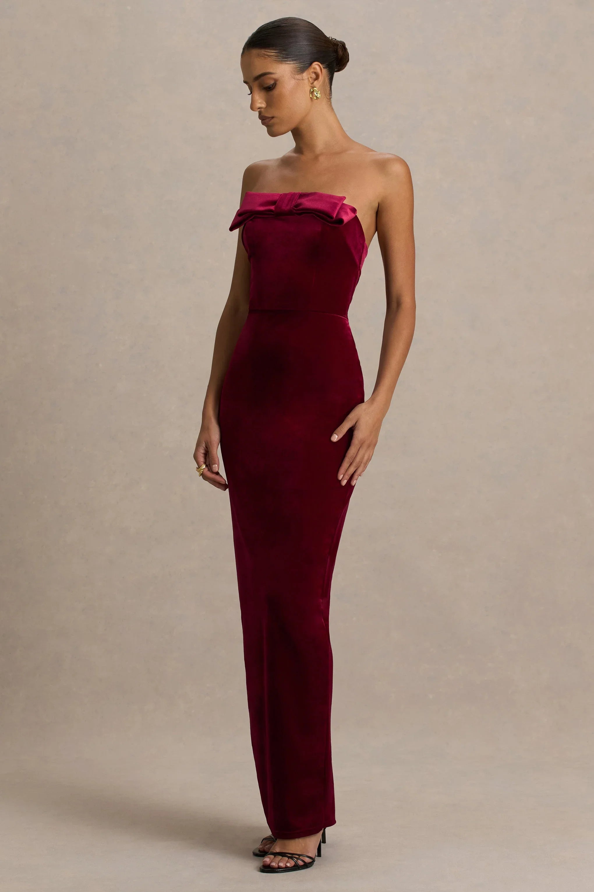 Illusion Burgundy Velvet Bandeau Maxi Dress With Bow Detail