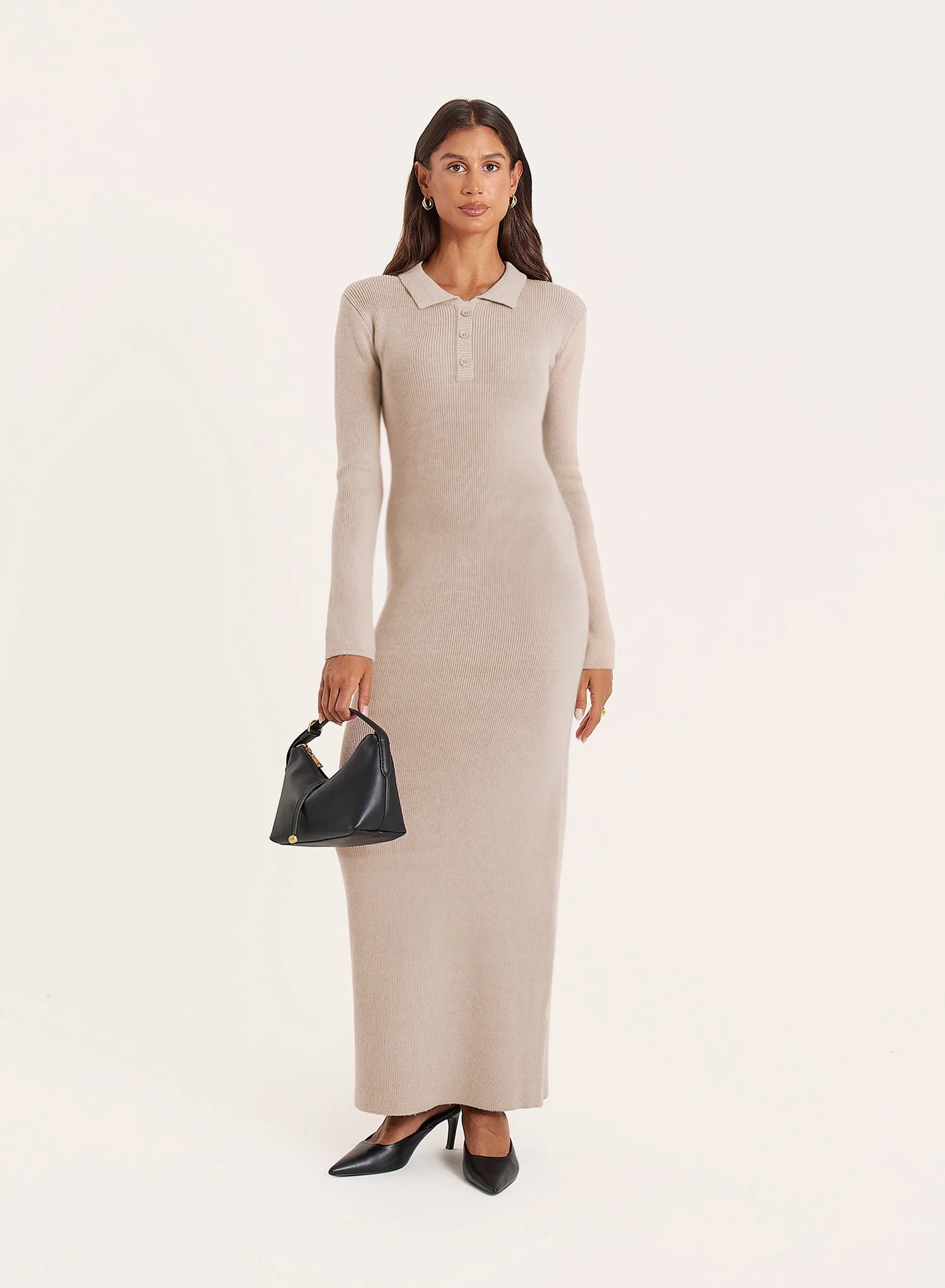 Beige Collared Knit Maxi Dress