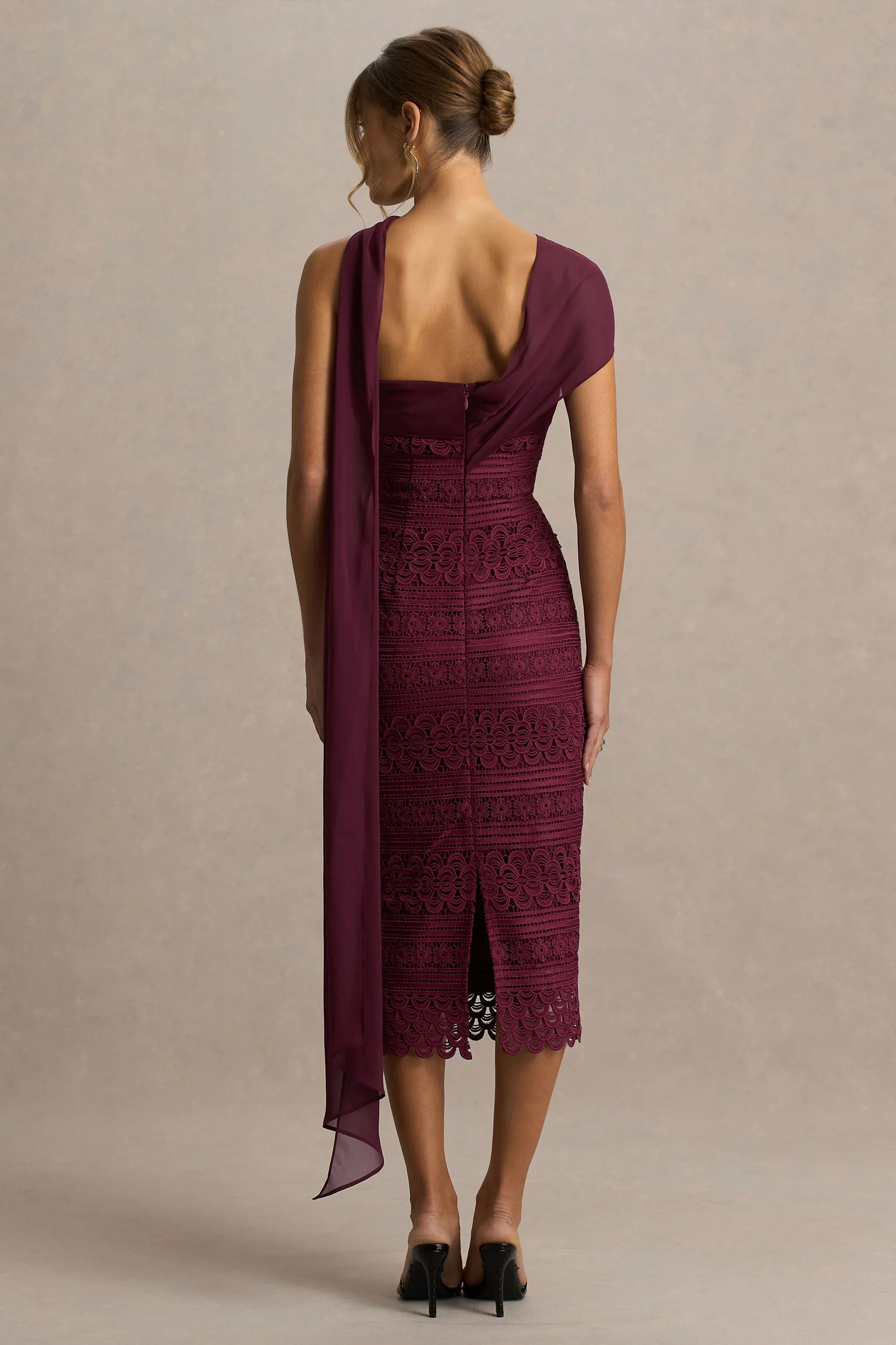 Secret Burgundy Bandeau Lace Midi Dress With Scarf Detail