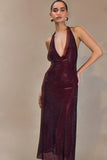 Genie Diamante Halter Midi Dress Mahogany