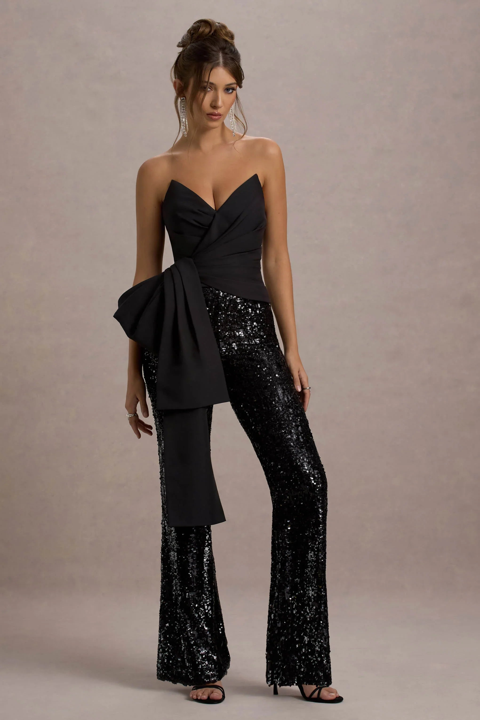 Bianco Black Sequin Strapless Flared Leg Jumpsuit With Drape