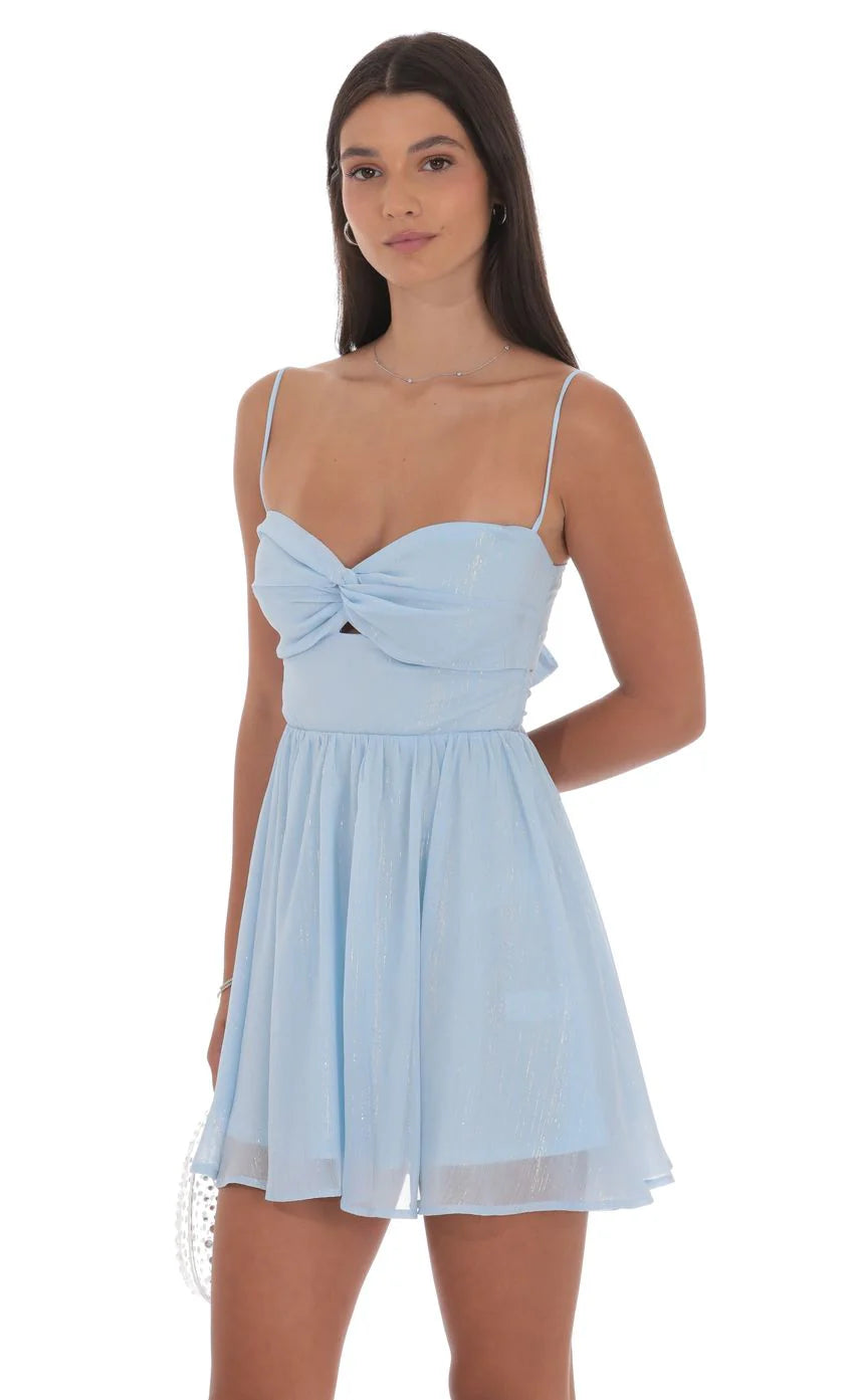 Shimmer Front Twist A line Dress in Light Blue