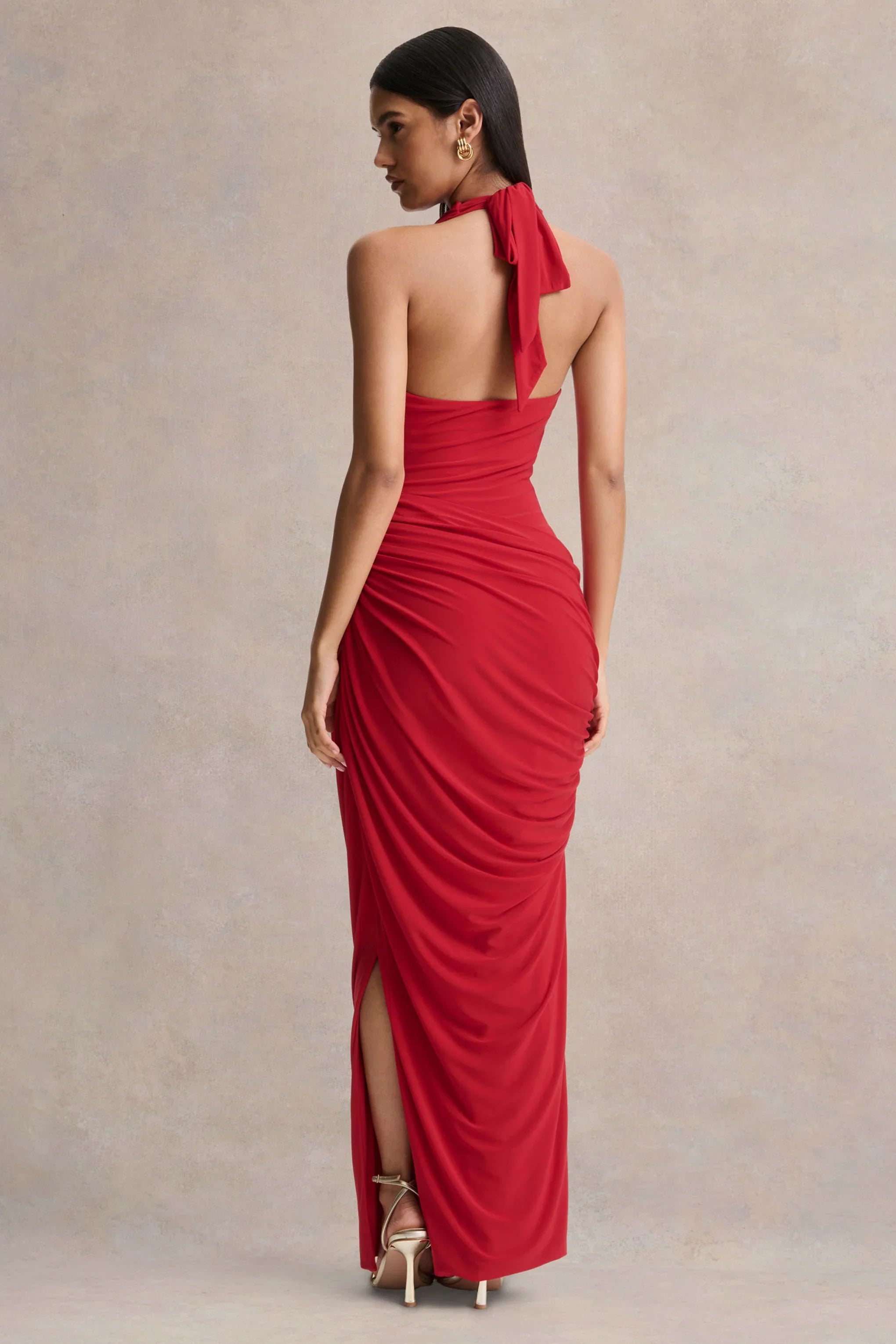 Cairo Red Cowl Neck Maxi Dress With Gathered Detailing