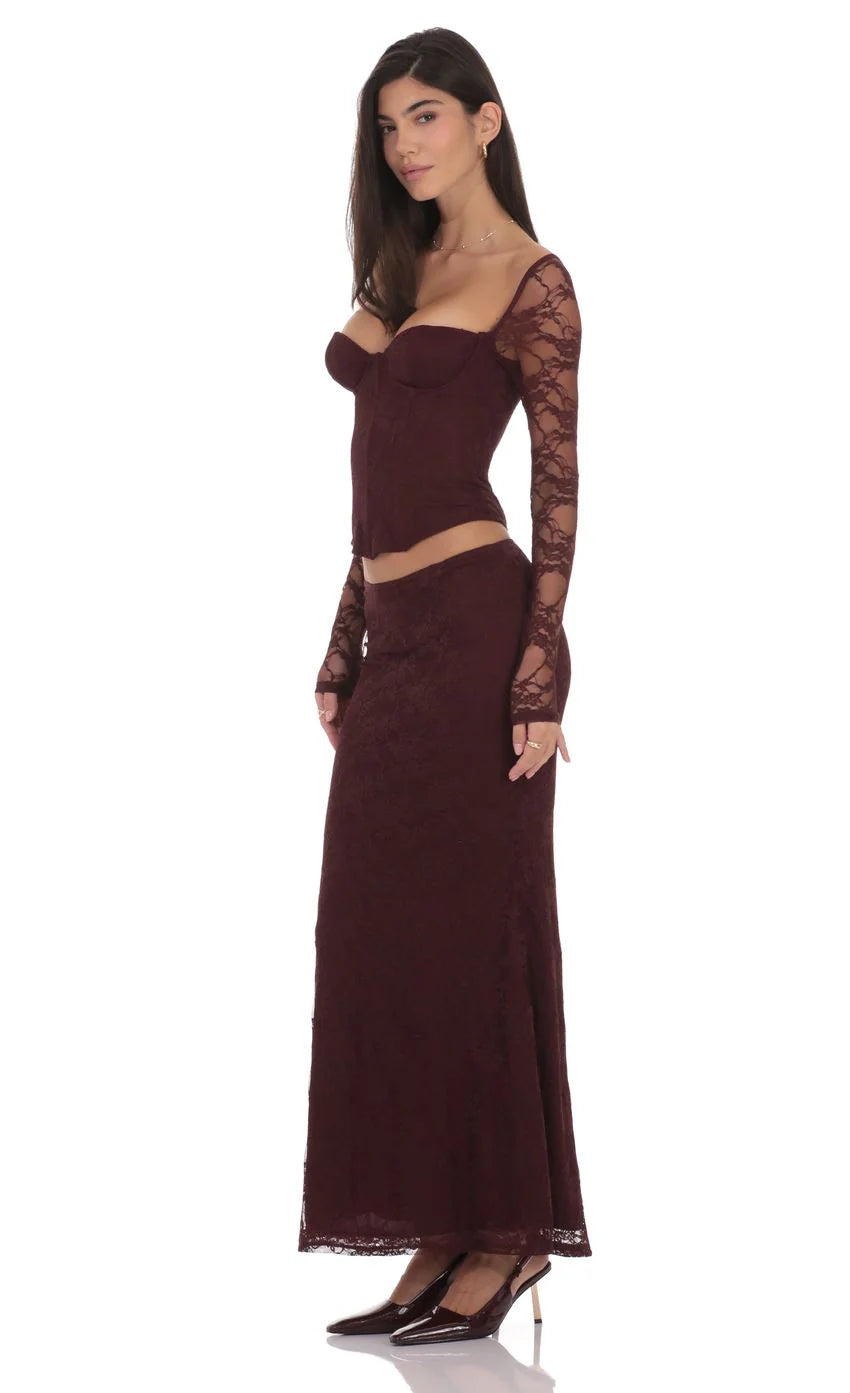 Lace Flare Maxi Skirt in Deep Wine