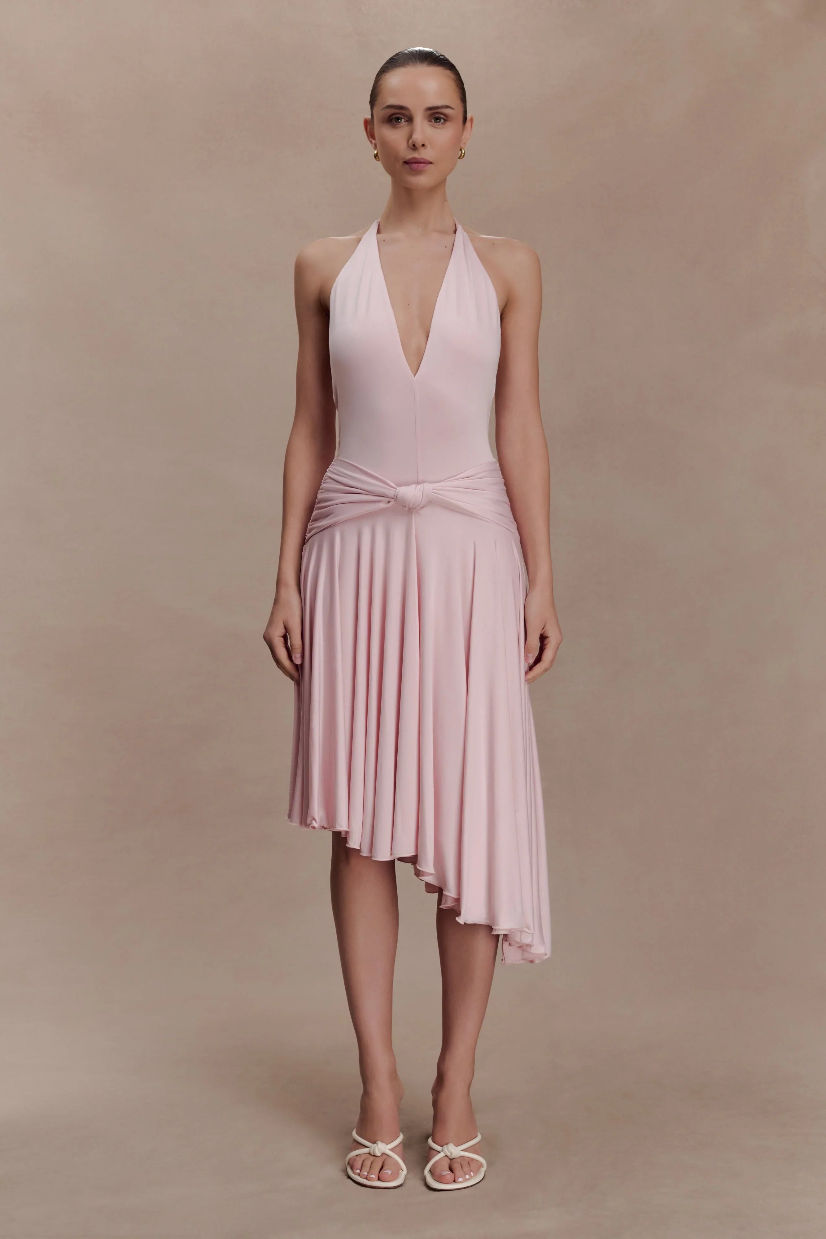 Zelda Asymmetric Slinky Midi Dress Ballet Pink