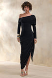 Franca Black Asymmetric Neck Midi Dress With Draped And Gathered Detailing