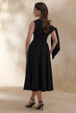 Daring Black Asymmetric Neck Midi Dress With Knot Detail
