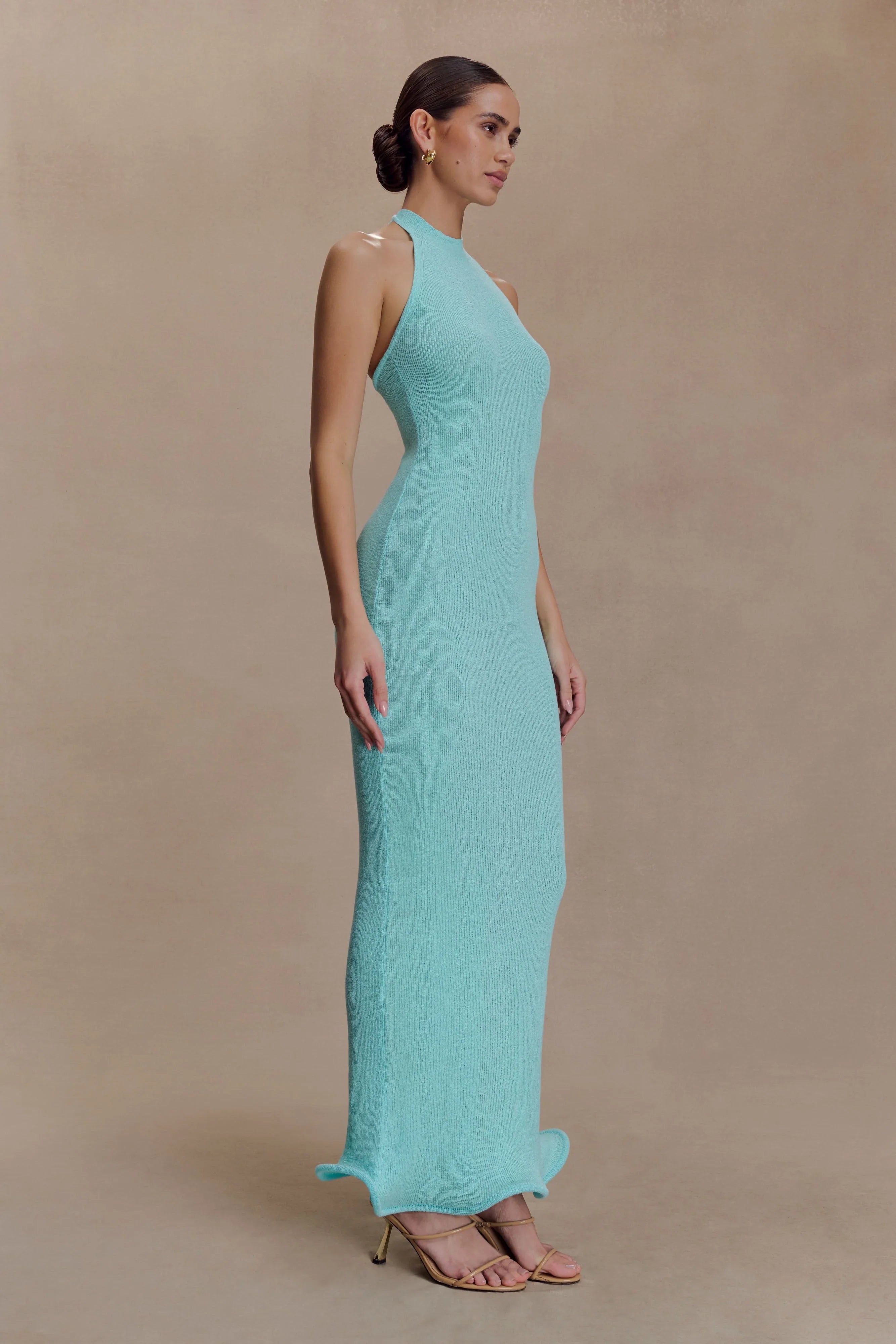 Melodie Halter Knit Maxi Dress Cyan Blue