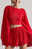 Flare Red Plisse Cape Sleeve Crop Top