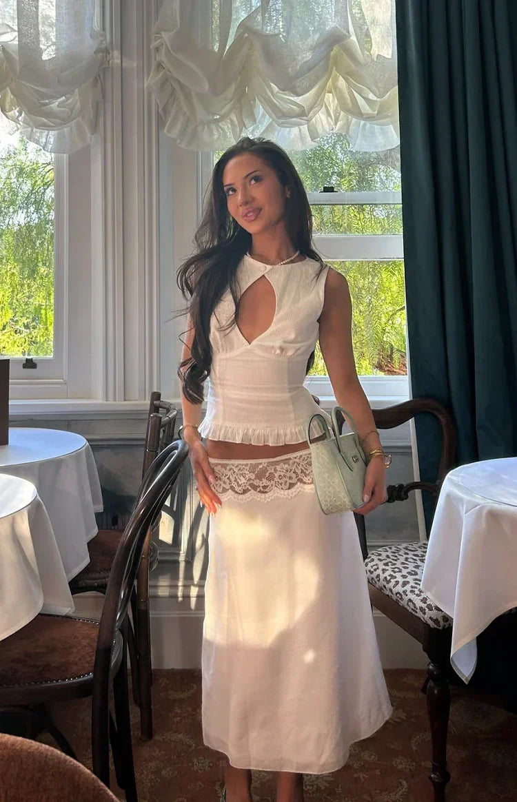 Reighn White Lace Detail Midi Skirt