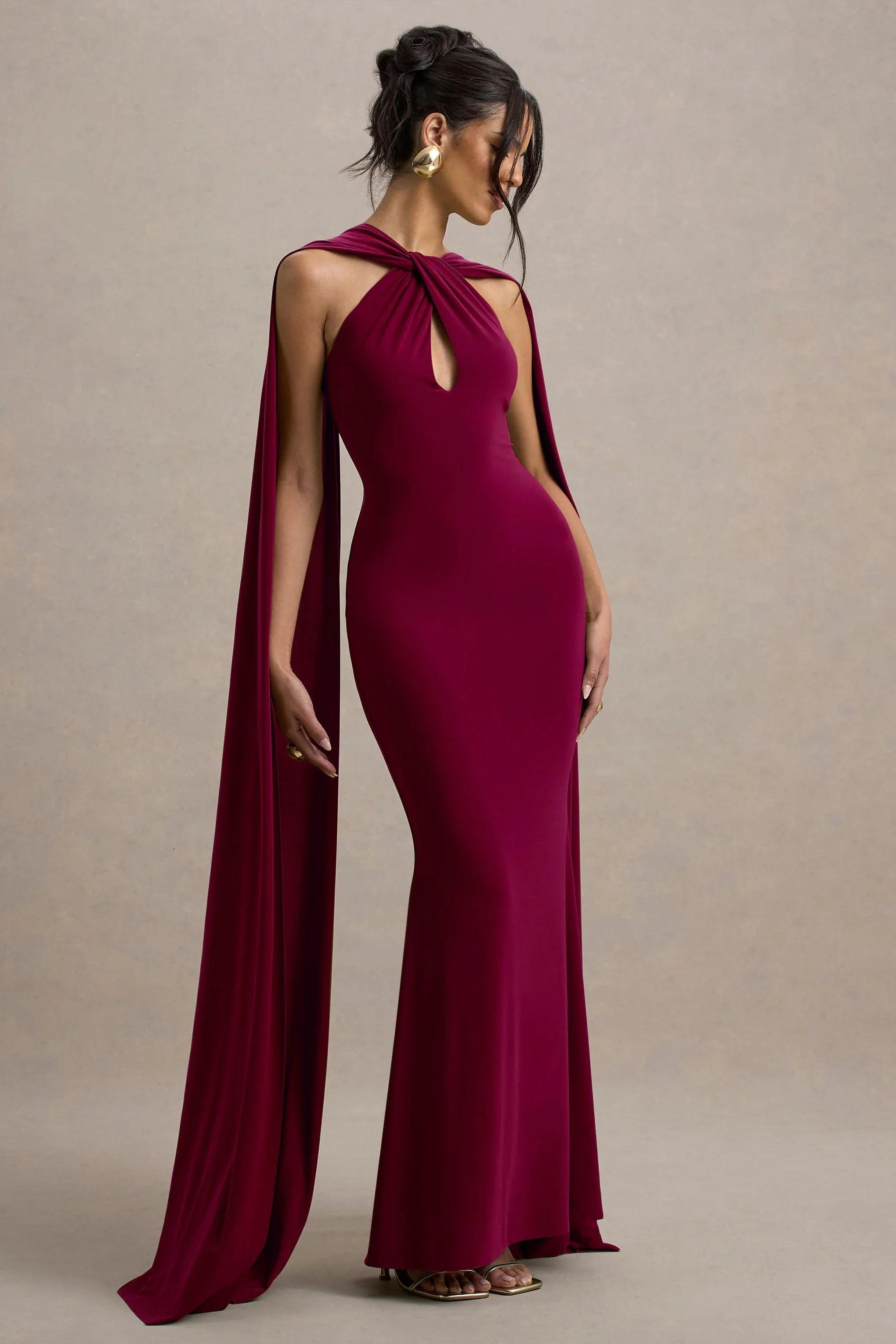 Rhoda Burgundy Twist Halter Neck Cape Maxi Dress
