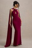 Rhoda Burgundy Twist Halter Neck Cape Maxi Dress