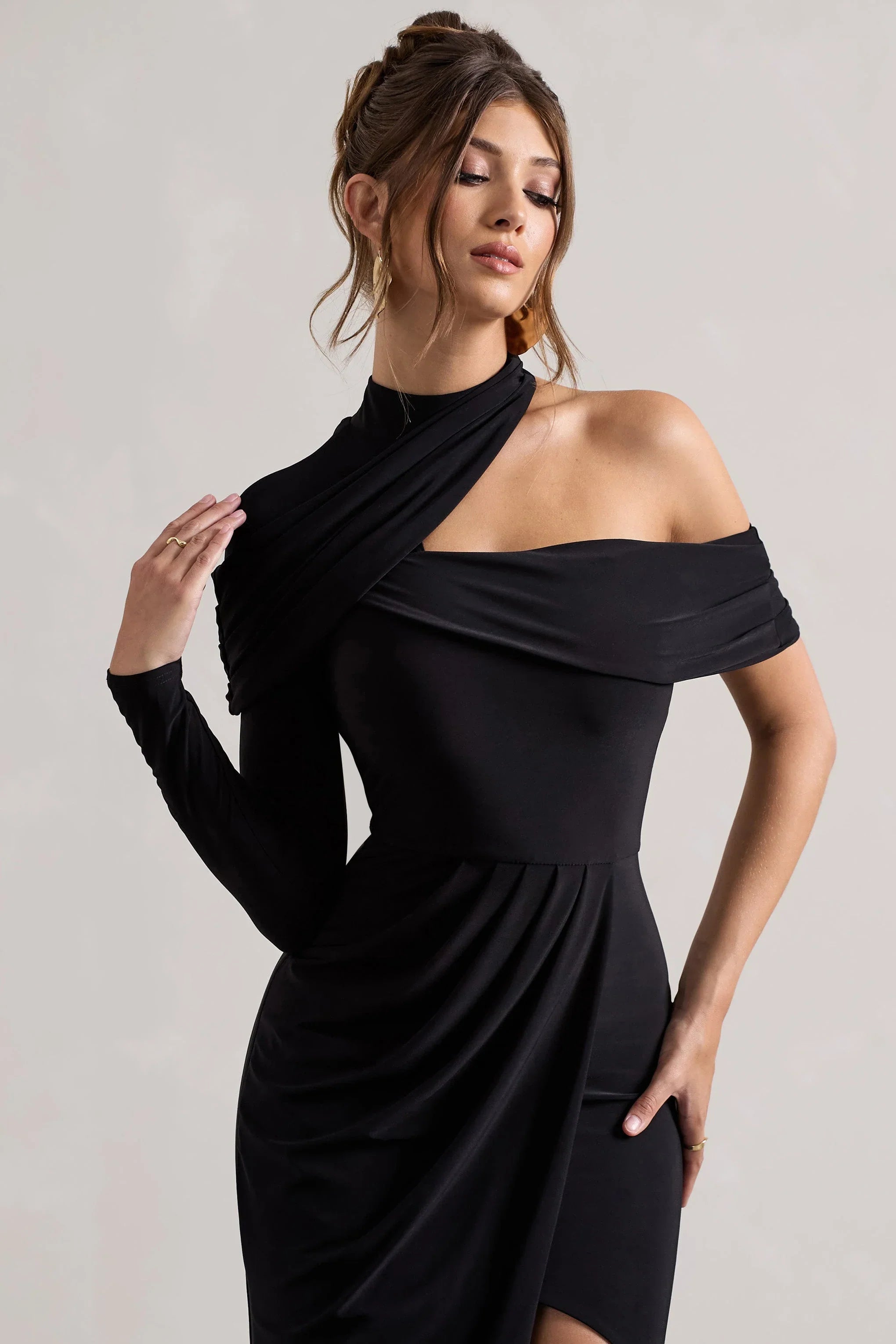 Tyla Black Asymmetric High Neck Split Maxi Dress