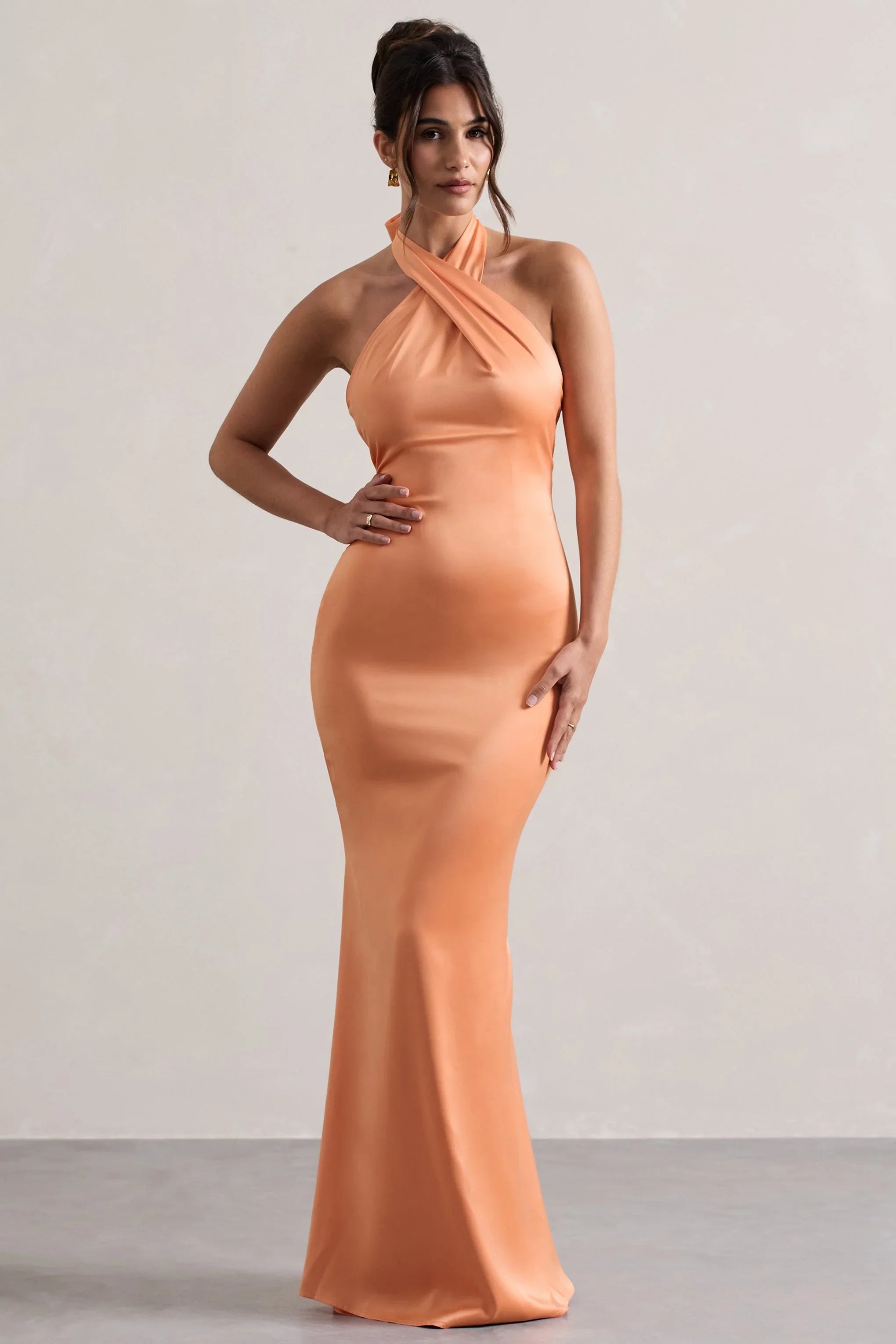 Unbeatable Peach Satin Cross Over Halter Neck Maxi Dress