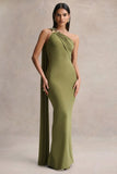 Mandy Olive Asymmetric Neck Maxi Dress With Gold Detail