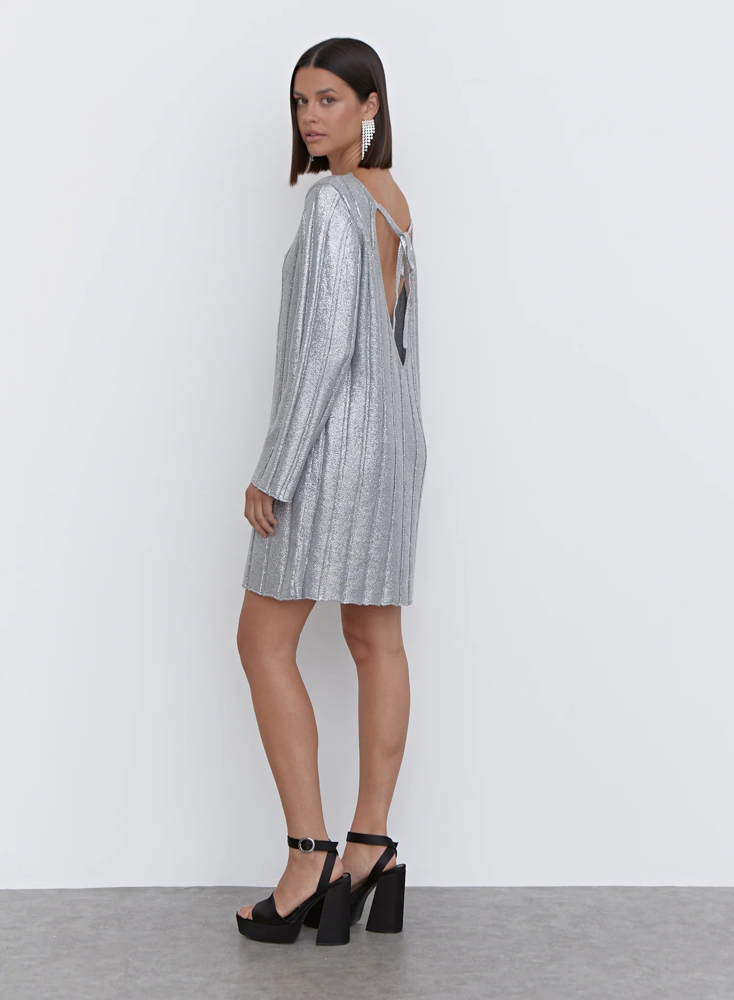 Silver Metallic Knit Tie Back Jumper Dress