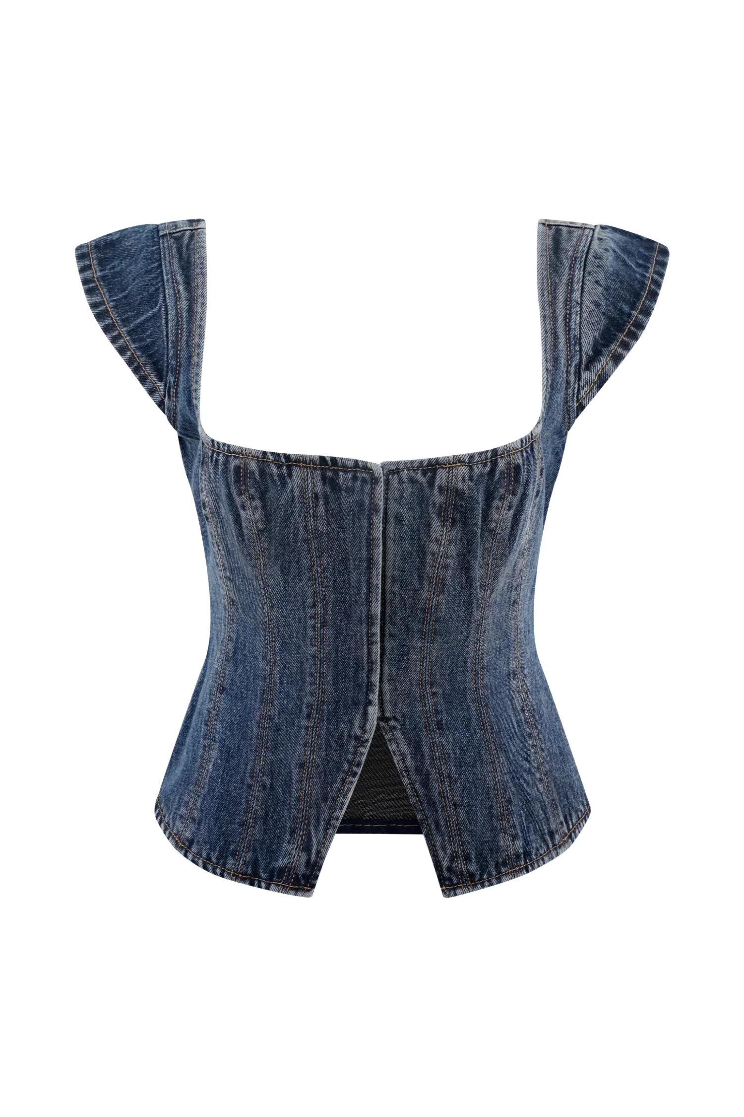Loretta Cap Sleeve Denim Top Washed Dark Blue