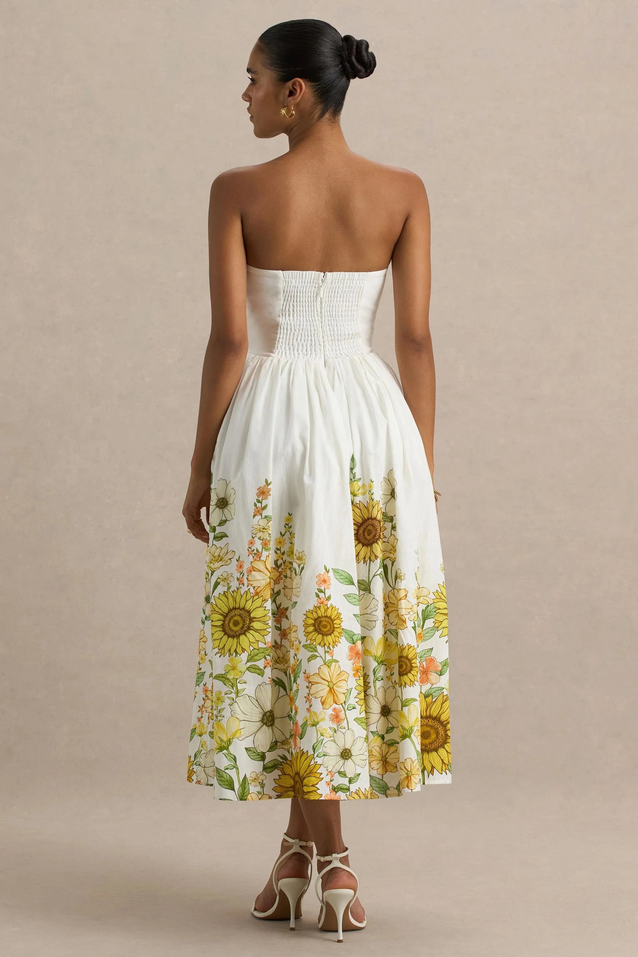 Ivory Sunflower Print Bandeau High Low Midi Dress