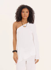 Cream Crinkle One Shoulder Flared Sleeve Top