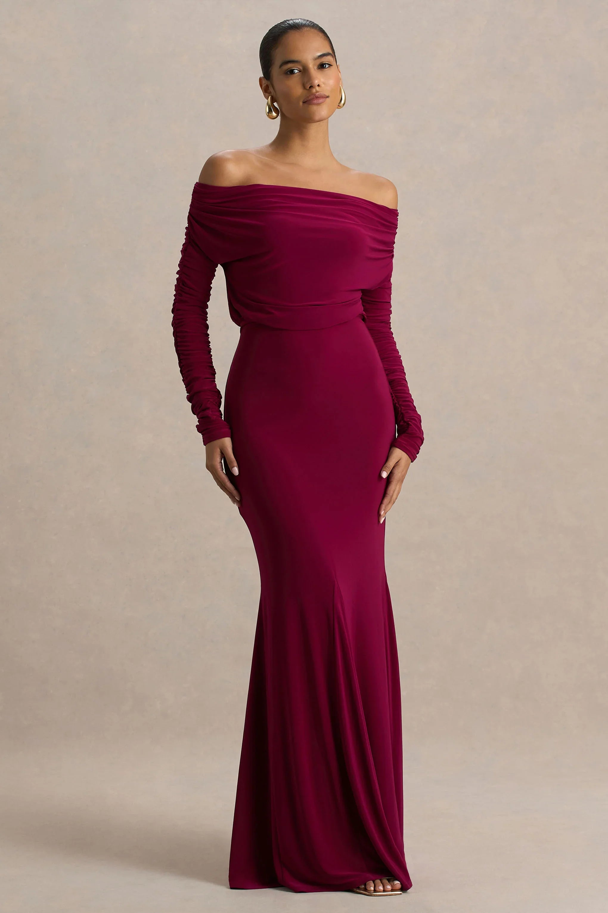 Cilla Burgundy Bardot Neck Maxi Dress With Ruched Detailing