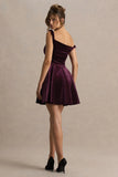 Leticia Burgundy Velvet Asymmetric Neck Velvet Mini Dress With Twist Sleeve
