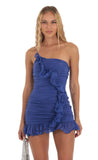 Shimmer Ruched Ruffle One Shoulder Dress in Blue