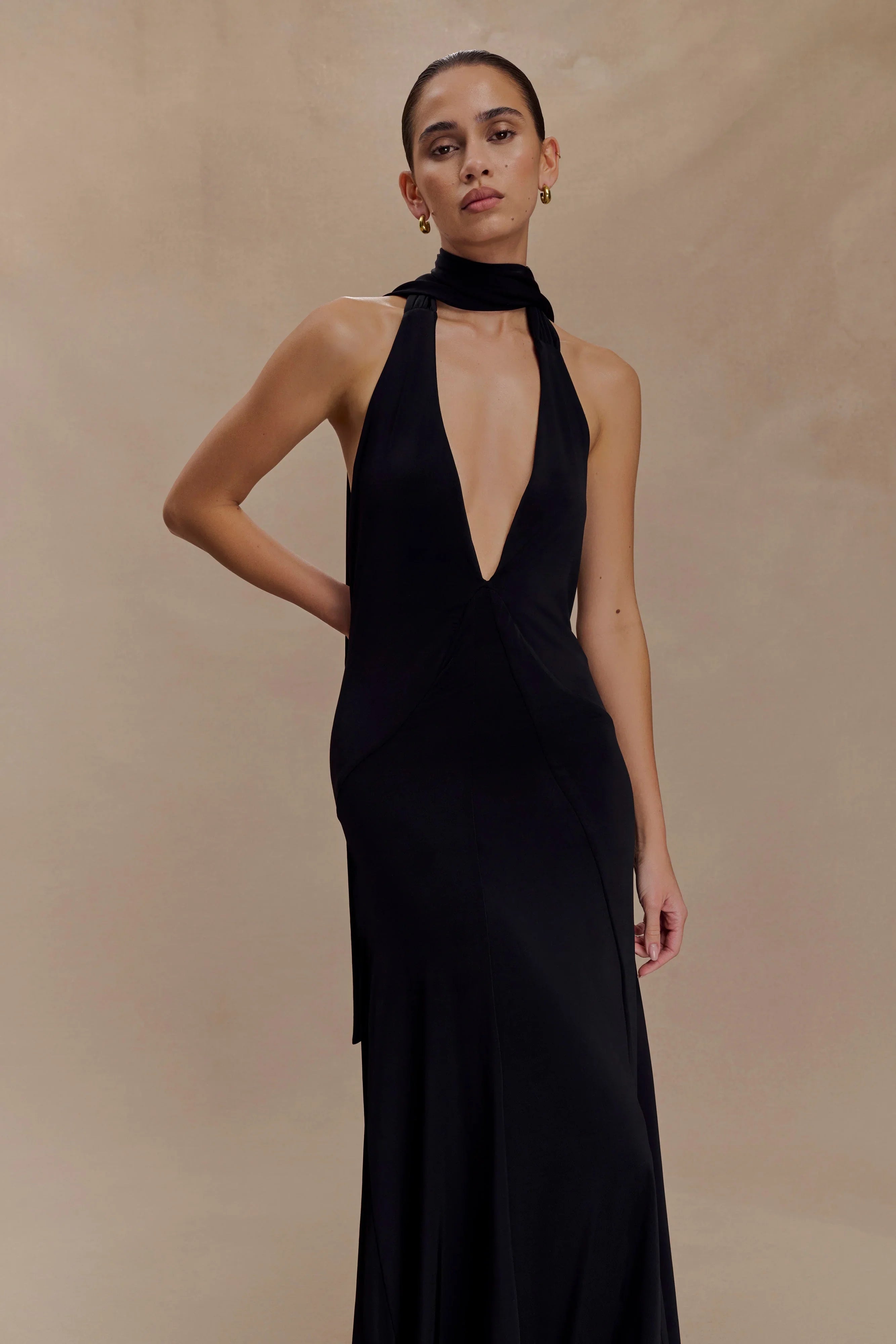 Juliet Slinky Maxi Dress With Scarf Black