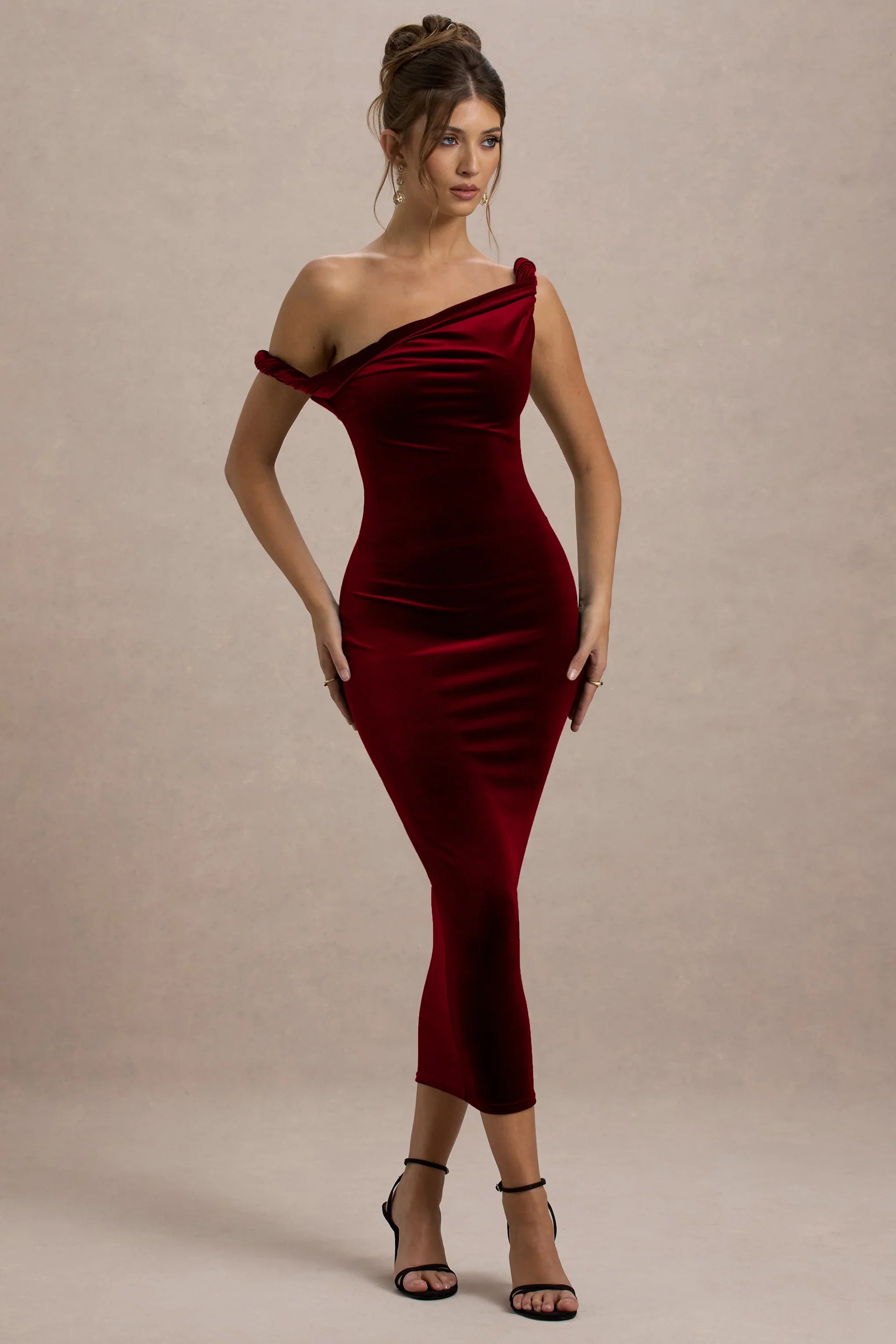 Carella Berry Velvet Twisted Asymmetric Midi Dress