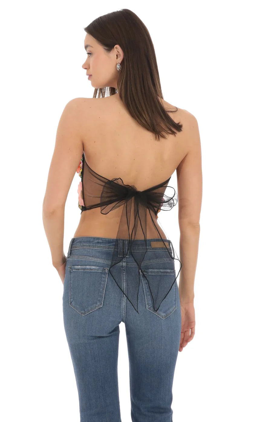 3 D Flower Strapless Top in Black