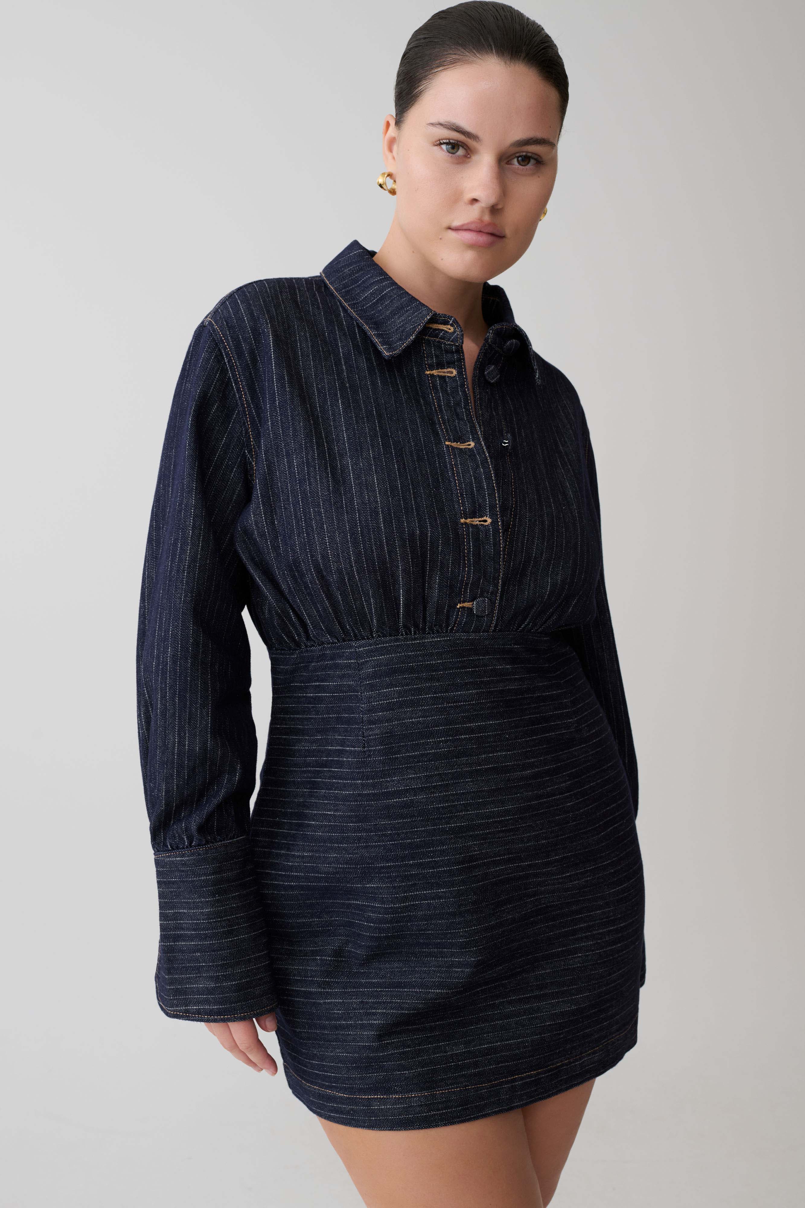 Zarah Denim Long Sleeve Mini Dress Indigo Pinstripe