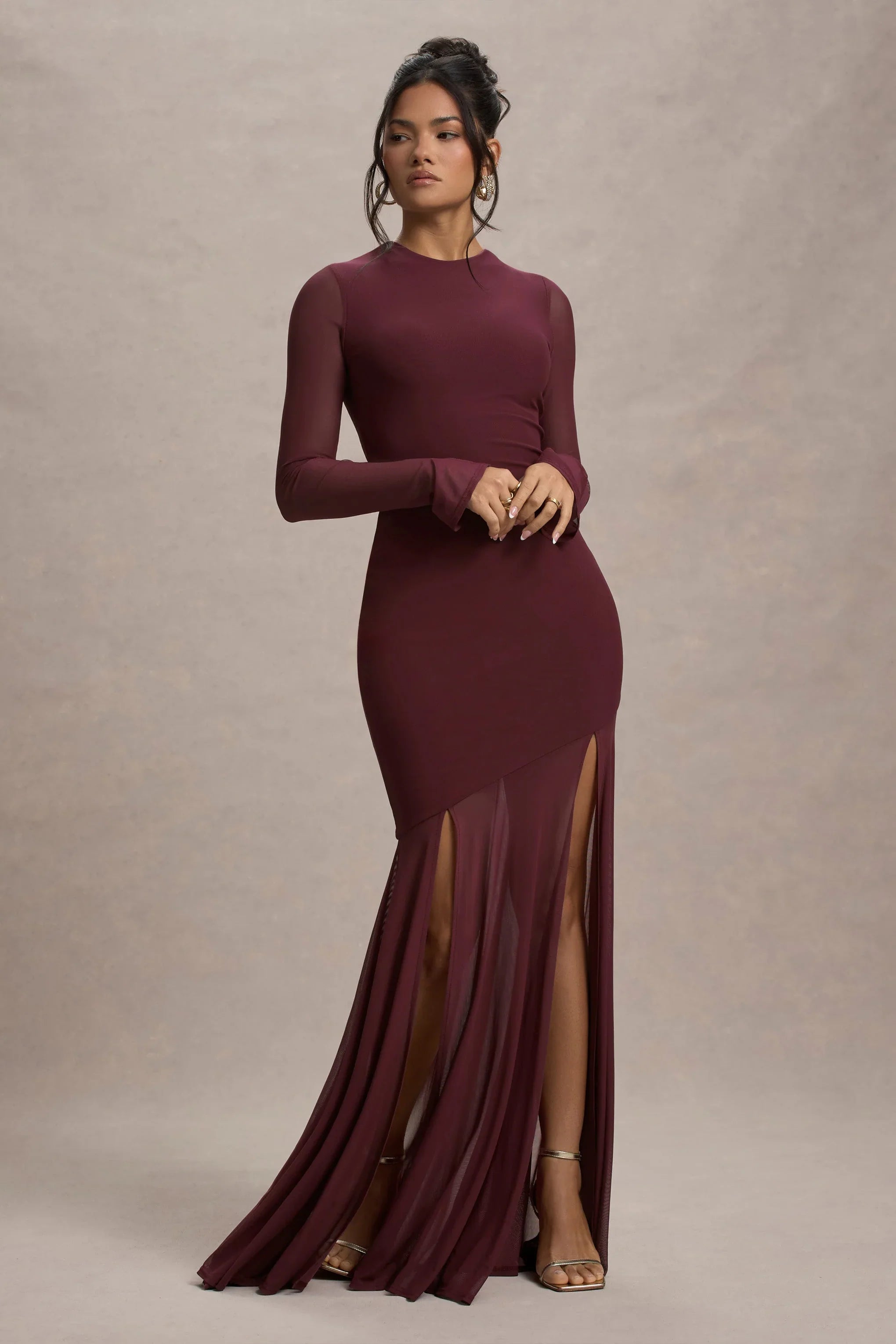 Tigerlily Port Mesh Long Sleeve Open Back Maxi Dress
