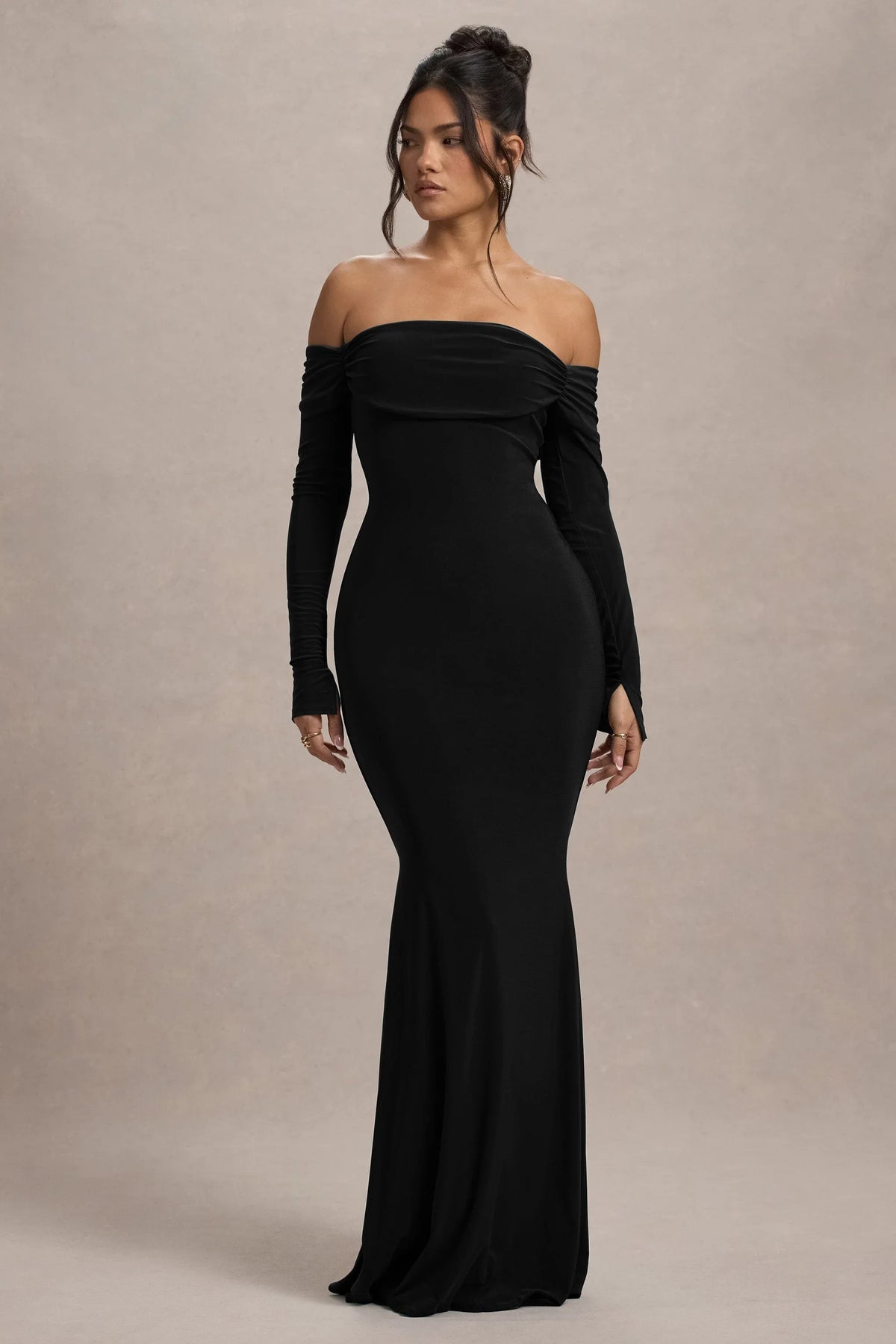 Amaia Black Bardot Long Sleeve Maxi Dress