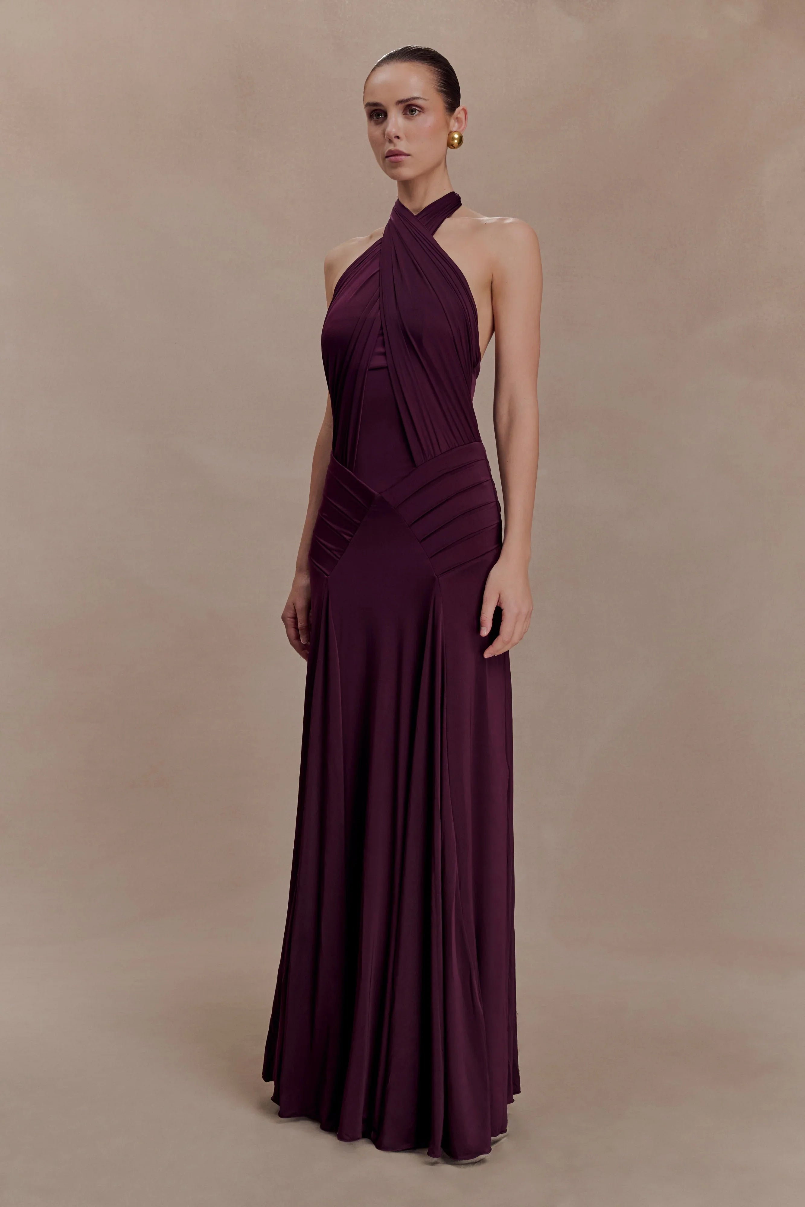 Indira Gathered Slinky Halter Maxi Dress Mahogany