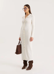 Off White Collared Button Down Knitted Dress