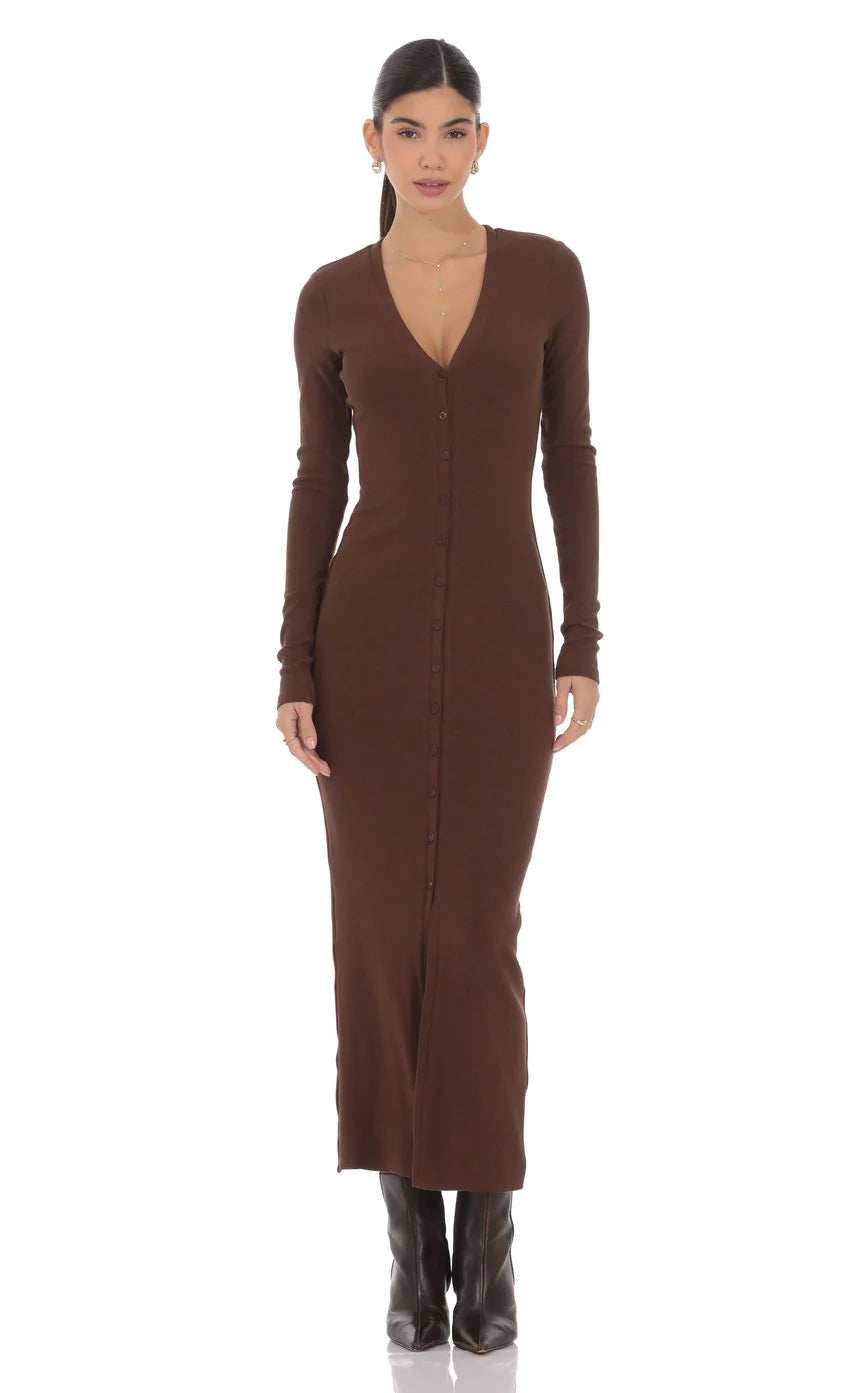 Button Down Ribbed Maxi Dress in Brown