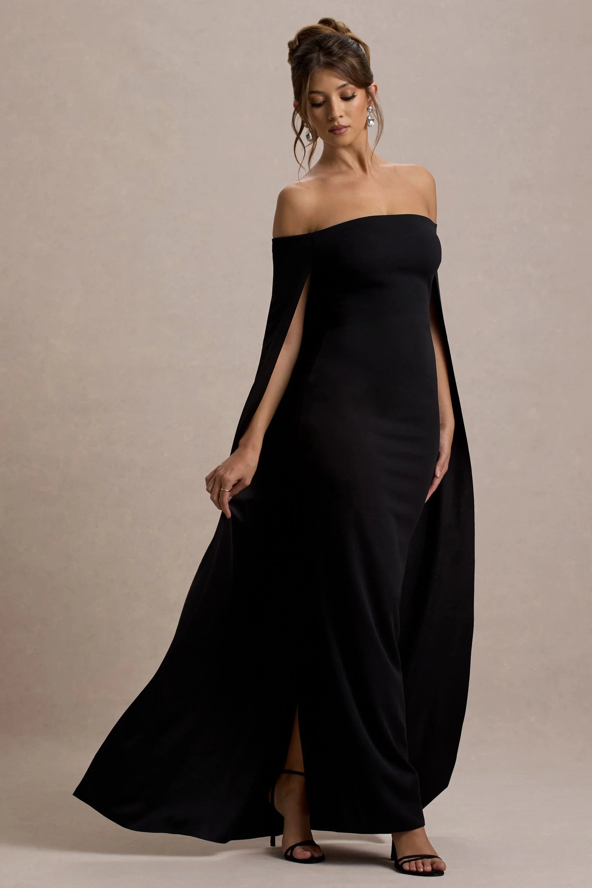Genovia Black Bardot Cape Maxi Dress