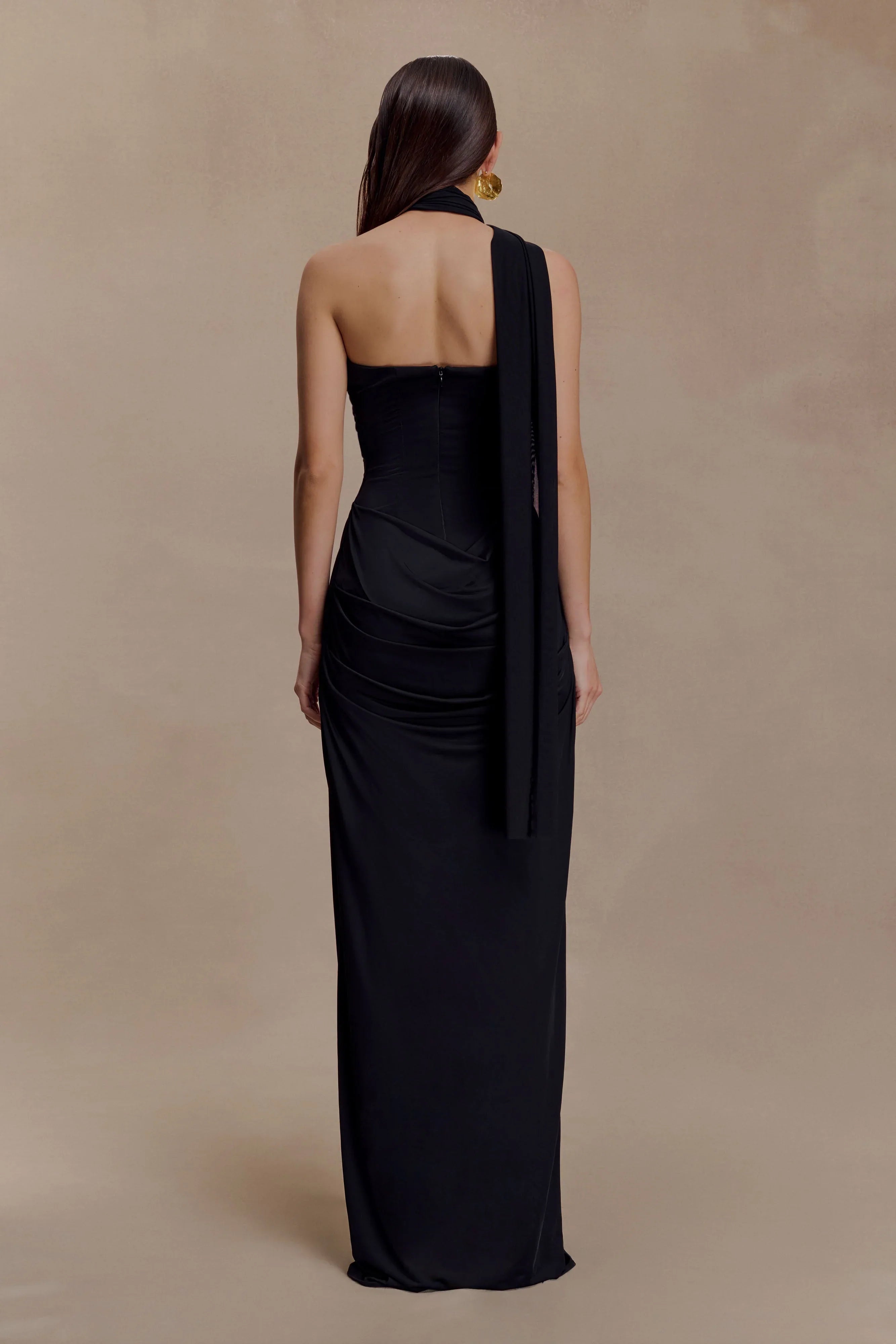 Mattea Slinky And Mesh Maxi Dress With Scarf Black