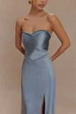Larissa Satin Maxi Dress With Ruched Petals Frosted Blue