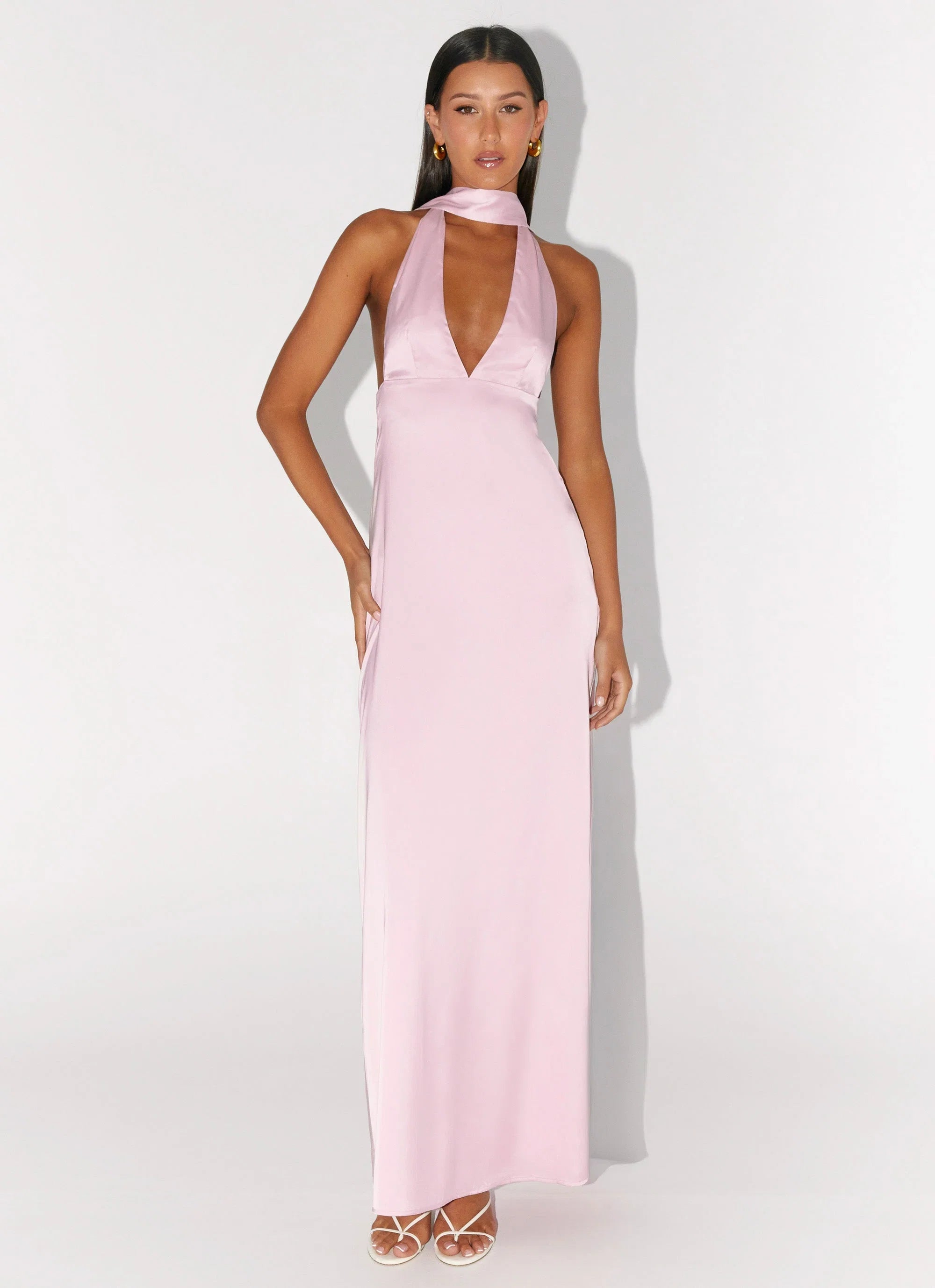 Alicia Satin Halter Maxi Dress Baby Pink