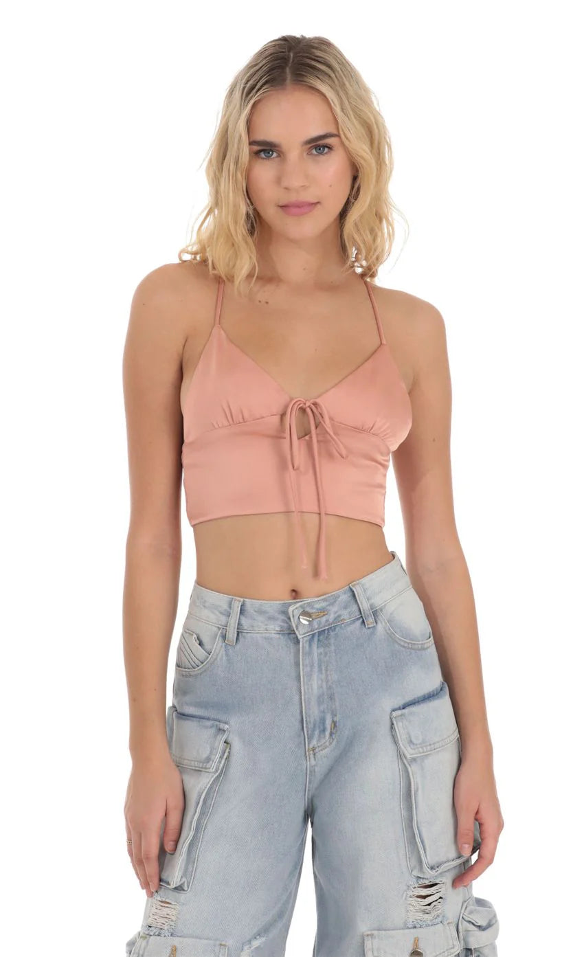 Front Tie Satin Top in Apricot