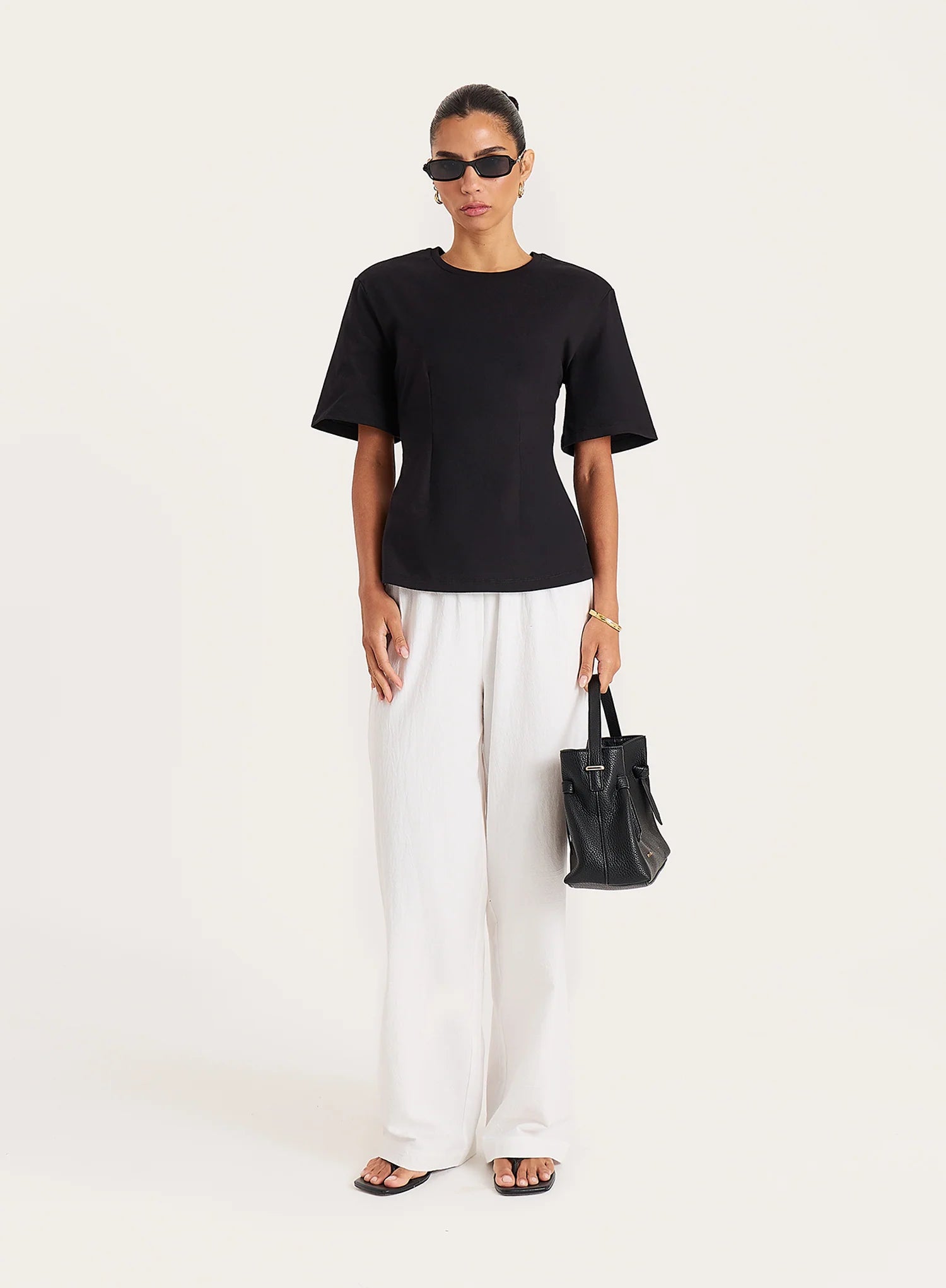 Black Shoulder Pad Cinched Waist T Shirt