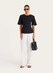 Black Shoulder Pad Cinched Waist T Shirt